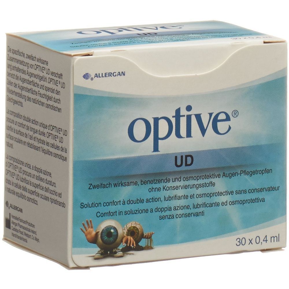 Boîte de gouttes ophtalmiques "optive® UD". Contient 30 doses unitaires de 0,4 ml. Marque : Allergan.
