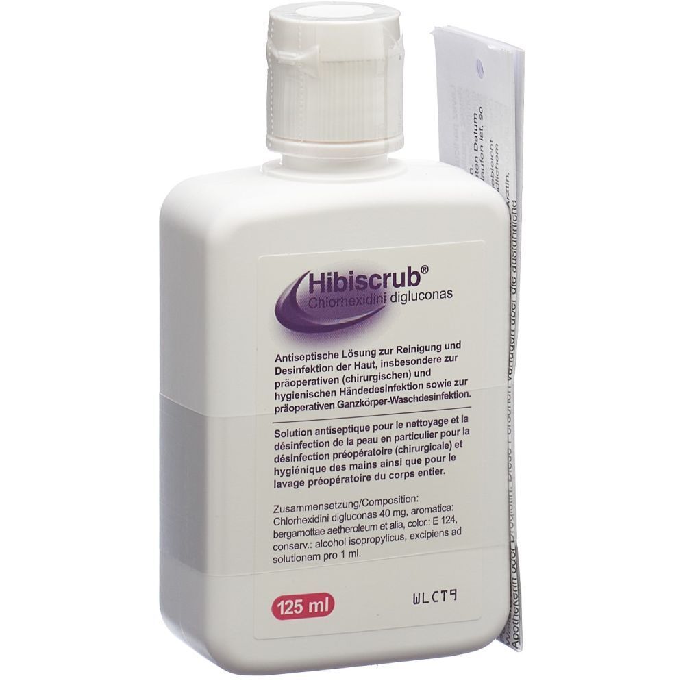 Weißliche Flasche mit weißem Deckel. Aufschrift: Hibiscrub. Etikett mit Text in Deutsch und Französisch. 125 ml.