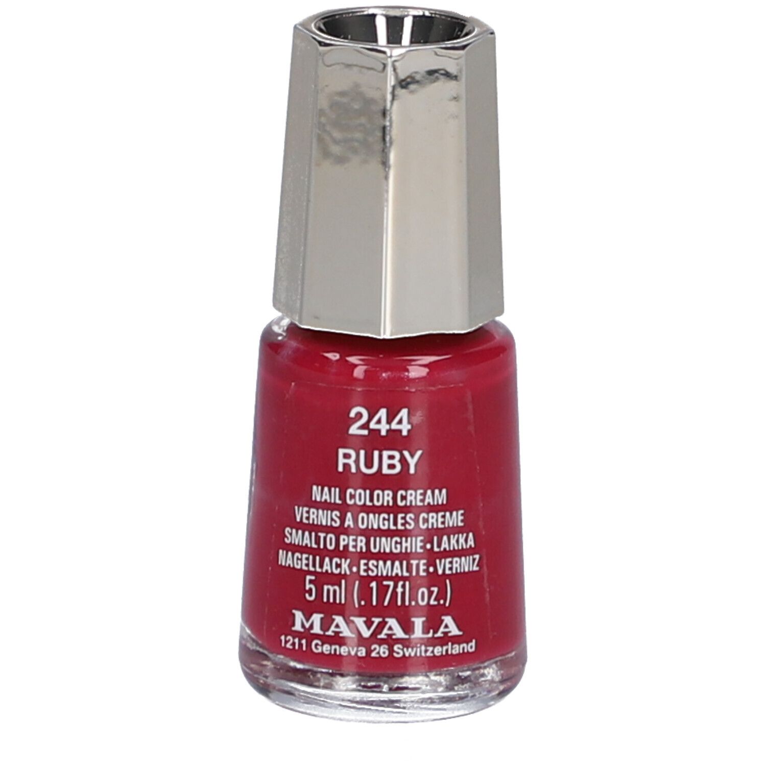 Nagellackflasche, Rubinrot. Silberfarbener Deckel. Aufschrift: 244 Ruby, Nail Color Cream, 5 ml, Mavala.