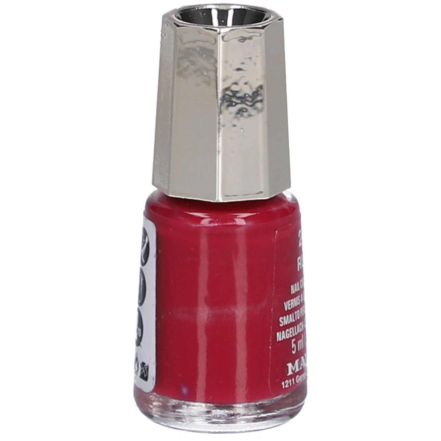 Nagellackflasche, Rubinrot. Silberfarbener Deckel. Aufschrift: 244 Ruby, Nail Color Cream, 5 ml, Mavala.