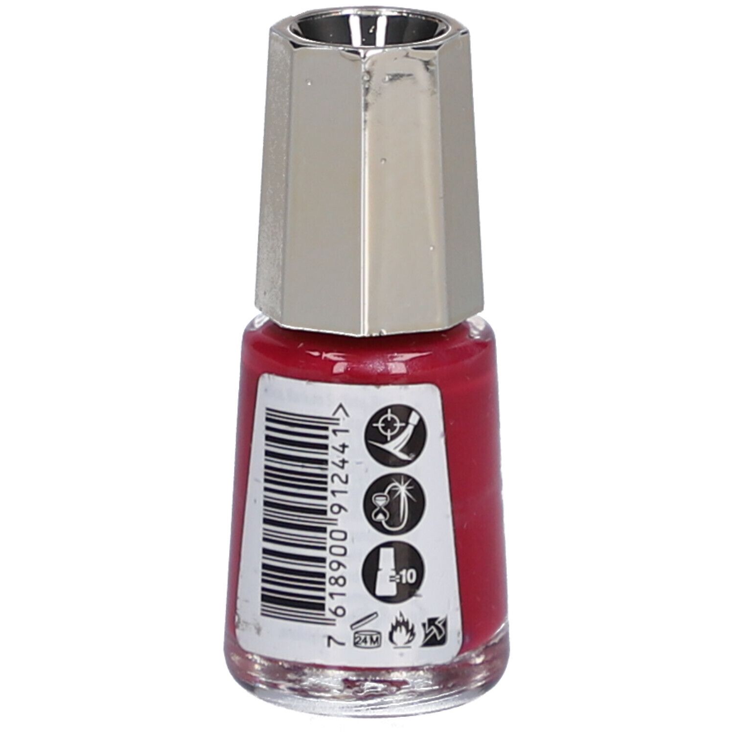 Nagellackflasche, Rubinrot. Silberfarbener Deckel. Aufkleber mit Symbolen und Barcode. Aufschrift: 244 Ruby, Mavala.