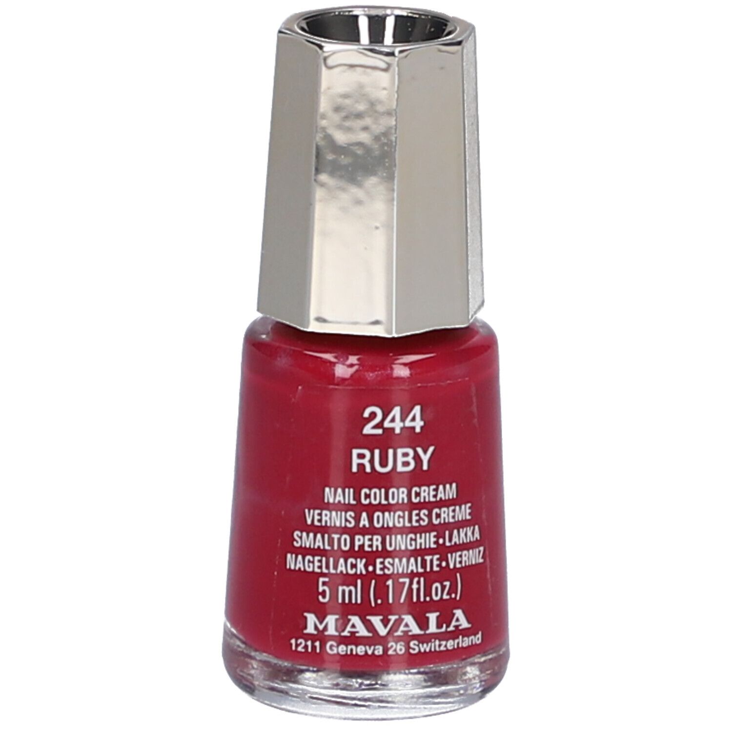 Nagellackflasche, Rubinrot. Silberfarbener Deckel. Aufschrift: 244 Ruby, Nail Color Cream, 5 ml, Mavala.