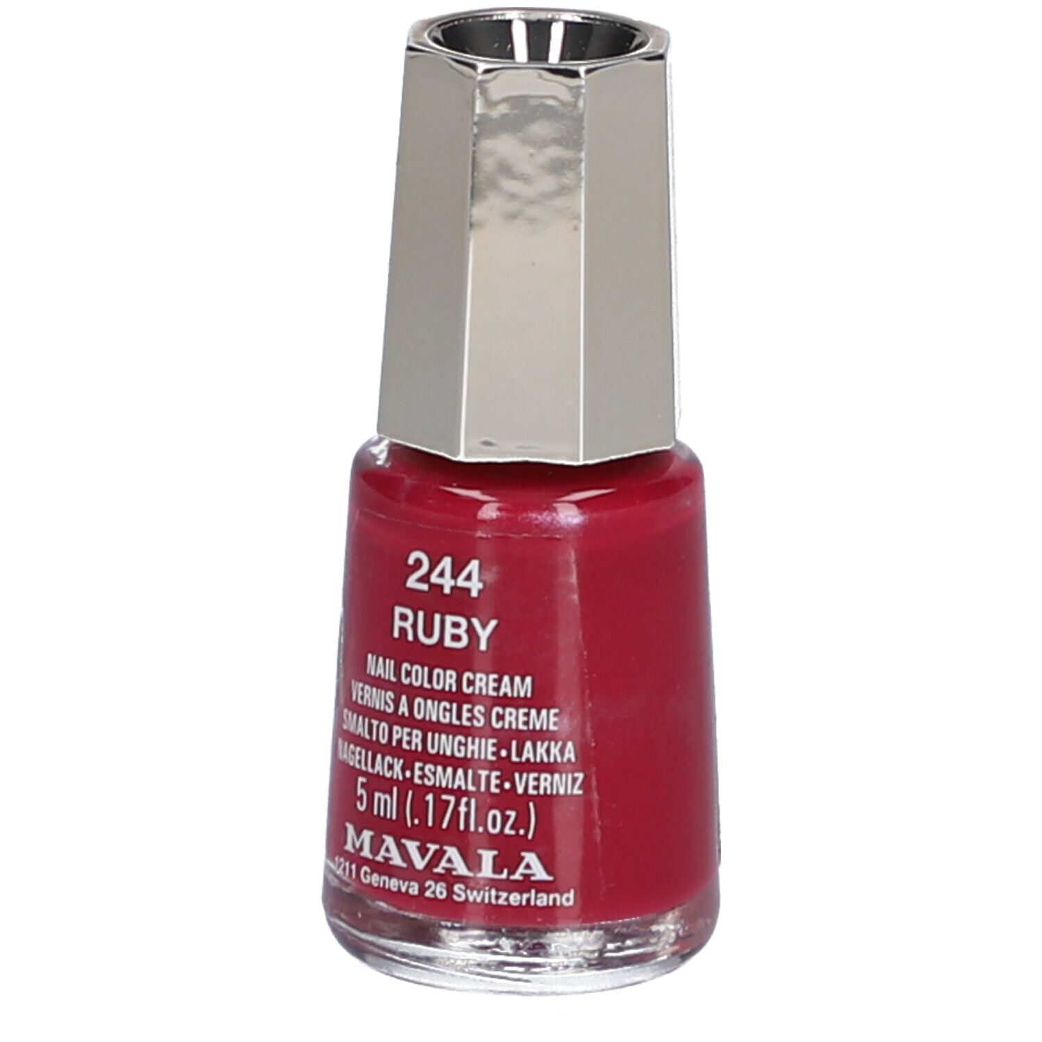 Nagellackflasche, Rubinrot. Silberfarbener Deckel. Aufschrift: 244 Ruby, Nail Color Cream, 5 ml, Mavala.