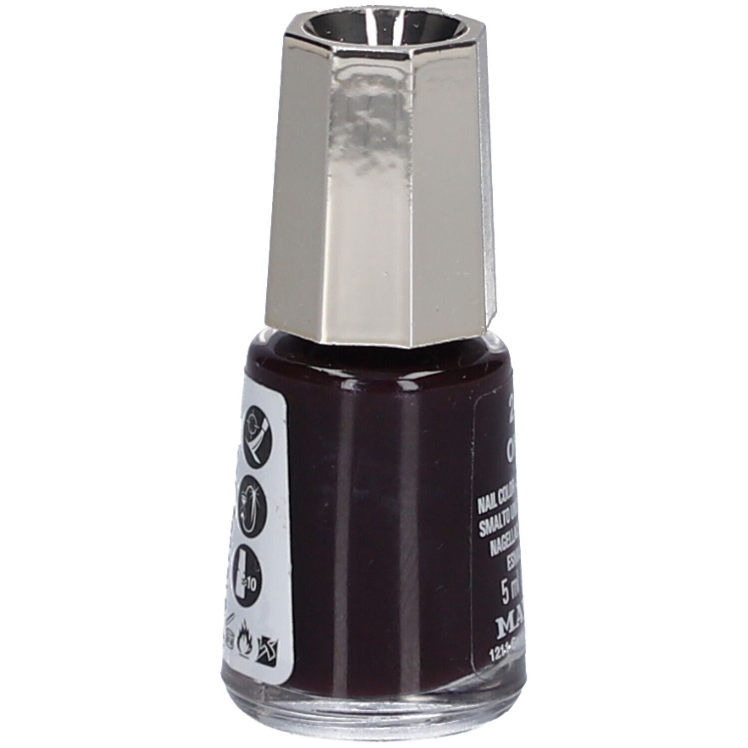 Nagellackflasche, Onyx 5, dunkelbraune Farbe. Silberfarbener Deckel. Aufkleber mit Symbolen und Text. 5 ml, Mavala.