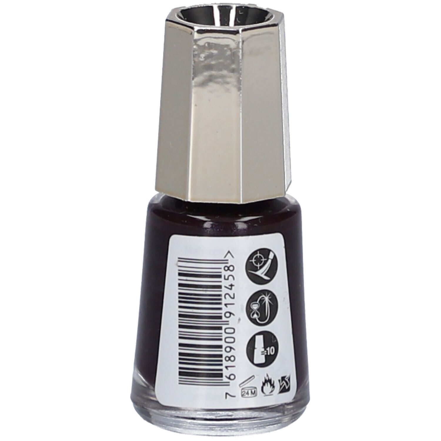 Nagellackflasche, Onyx 5, dunkelbraune Farbe. Silberfarbener Deckel. Barcode und Symbole. 5 ml, Mavala.