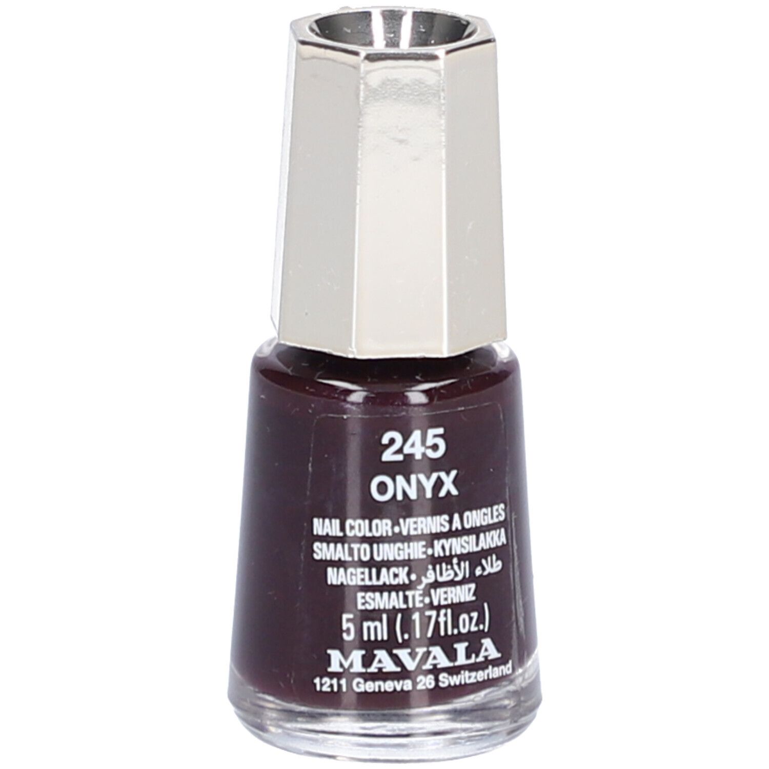 Nagellackflasche, Onyx 5, dunkelbraune Farbe. Silberfarbener Deckel. Beschriftung: 245, Onyx, Nail Color, 5 ml, Mavala.