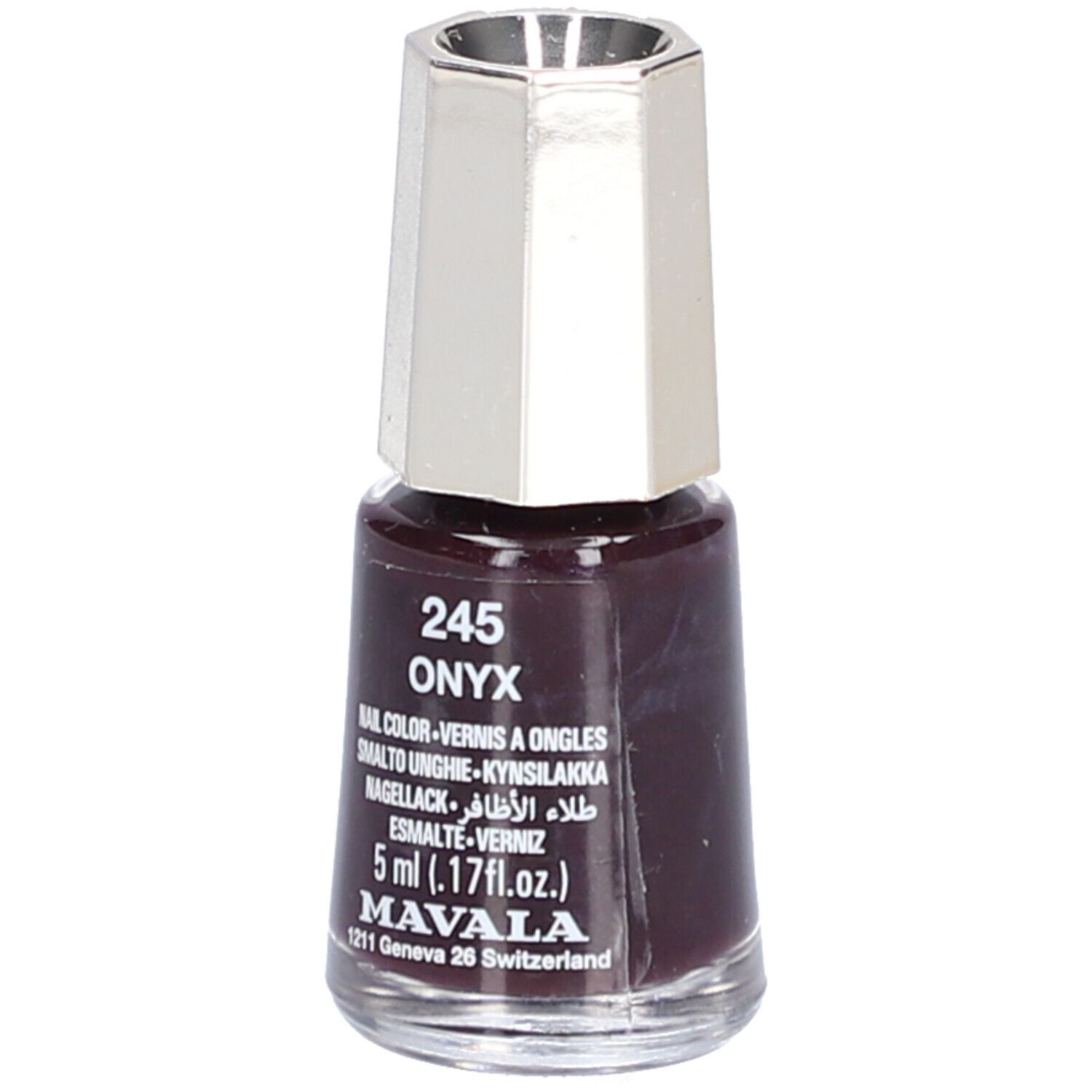 Nagellackflasche, Onyx 5, dunkelbraune Farbe. Silberfarbener Deckel. Beschriftung: 245, Onyx, Nail Color, 5 ml, Mavala.