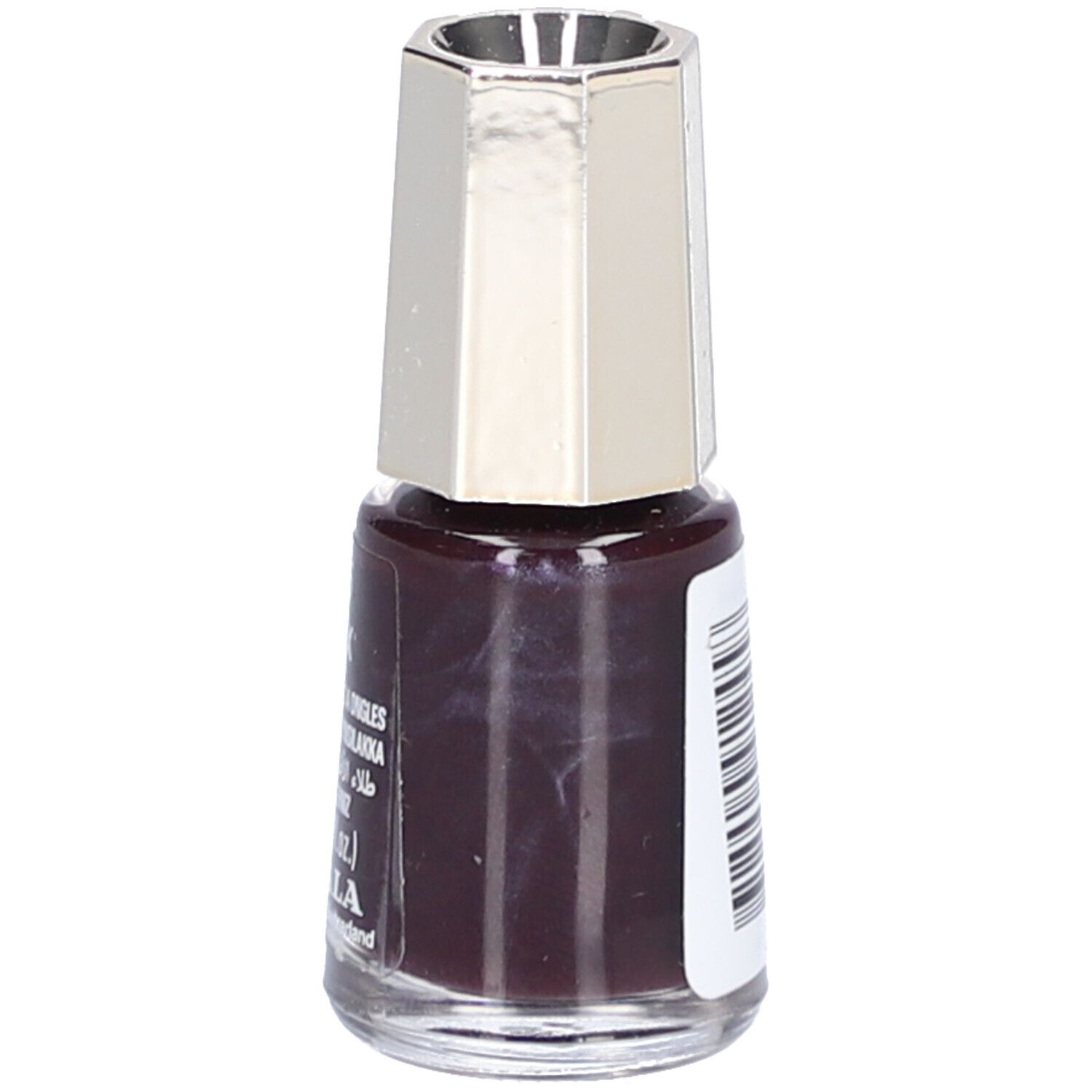 Nagellackflasche, Onyx 5, dunkelbraune Farbe. Silberfarbener Deckel. Barcode und Symbole. 5 ml, Mavala.