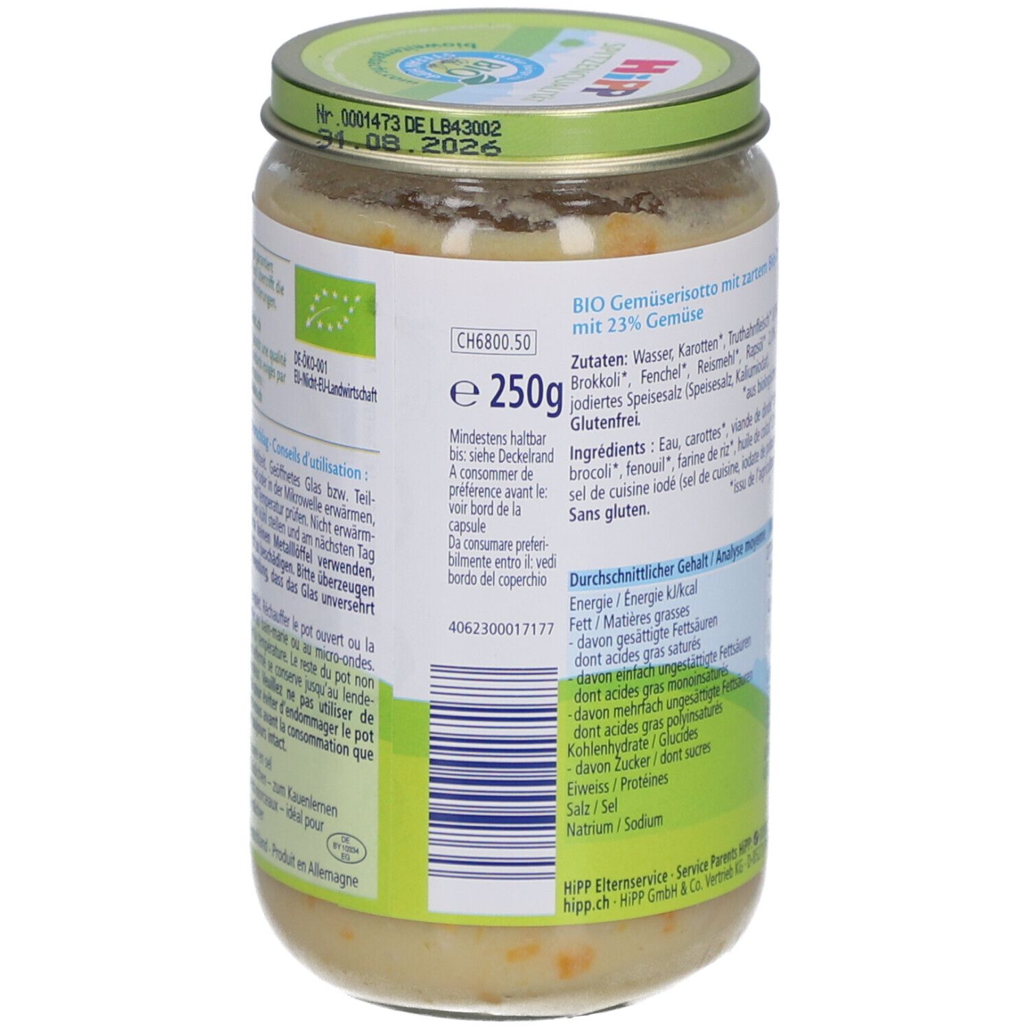 HiPP-Glas, Rückseite mit Zutatenliste und Haltbarkeitsdatum. Bio-Siegel und Text. Grüner Deckel.