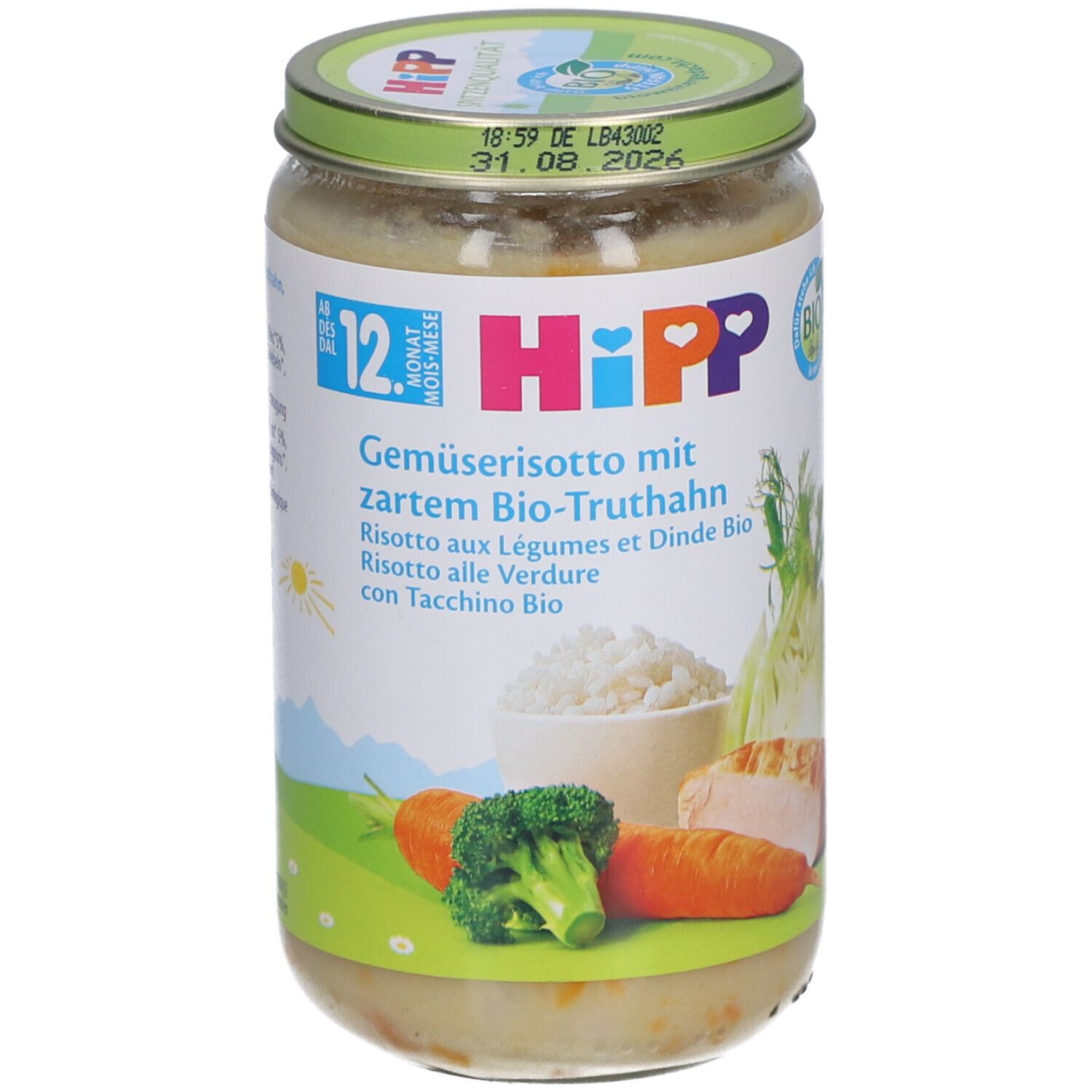 HiPP-Glas mit Risotto. Aufkleber mit Zutaten, Logo und Illustrationen. Grüner Deckel mit Haltbarkeitsdatum.