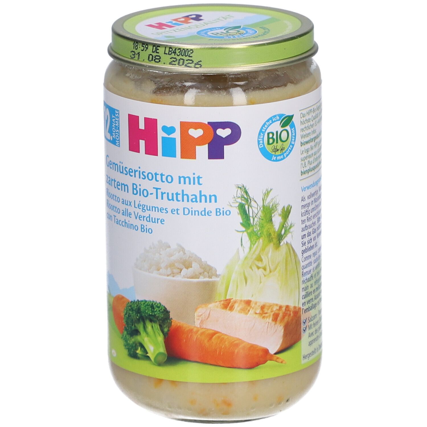 HiPP-Glas mit Risotto. Aufkleber mit Zutaten, Logo und Illustrationen. Grüner Deckel mit Haltbarkeitsdatum.
