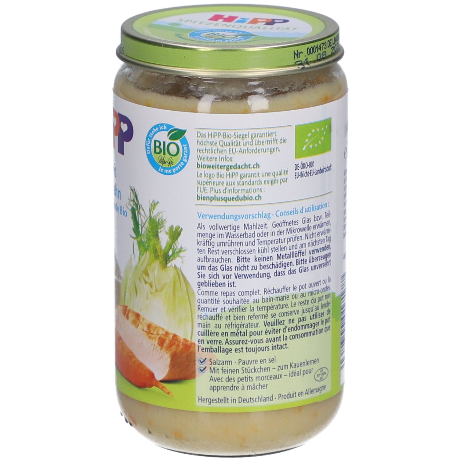 HiPP-Glas, Rückseite mit Text, Bio-Siegel und Verwendungs-hinweisen. Grüner Deckel. Produkt in Deutschland hergestellt.