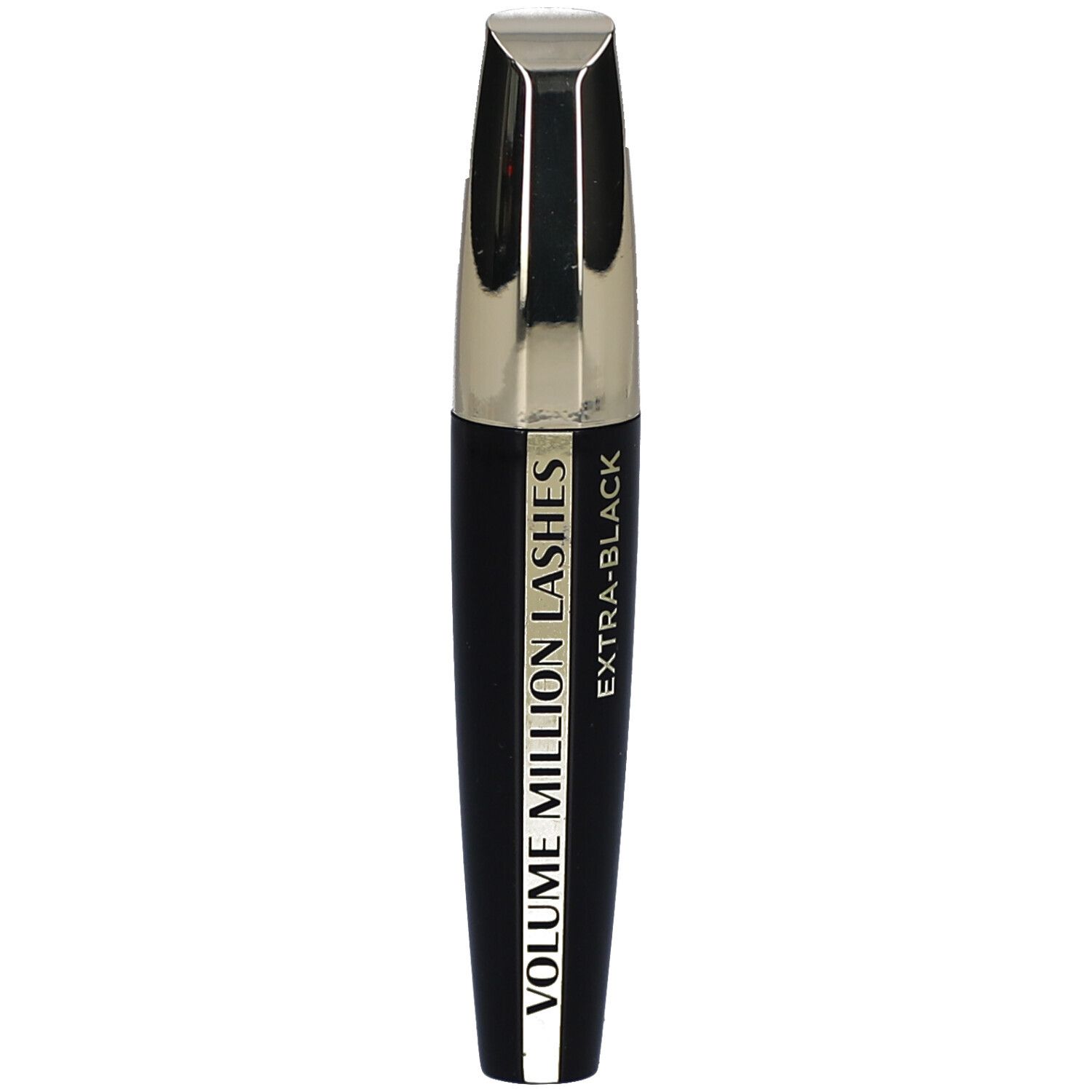 Tube de mascara noir avec capuchon argenté. Inscription : VOLUME MILLION LASHES EXTRA-BLACK.