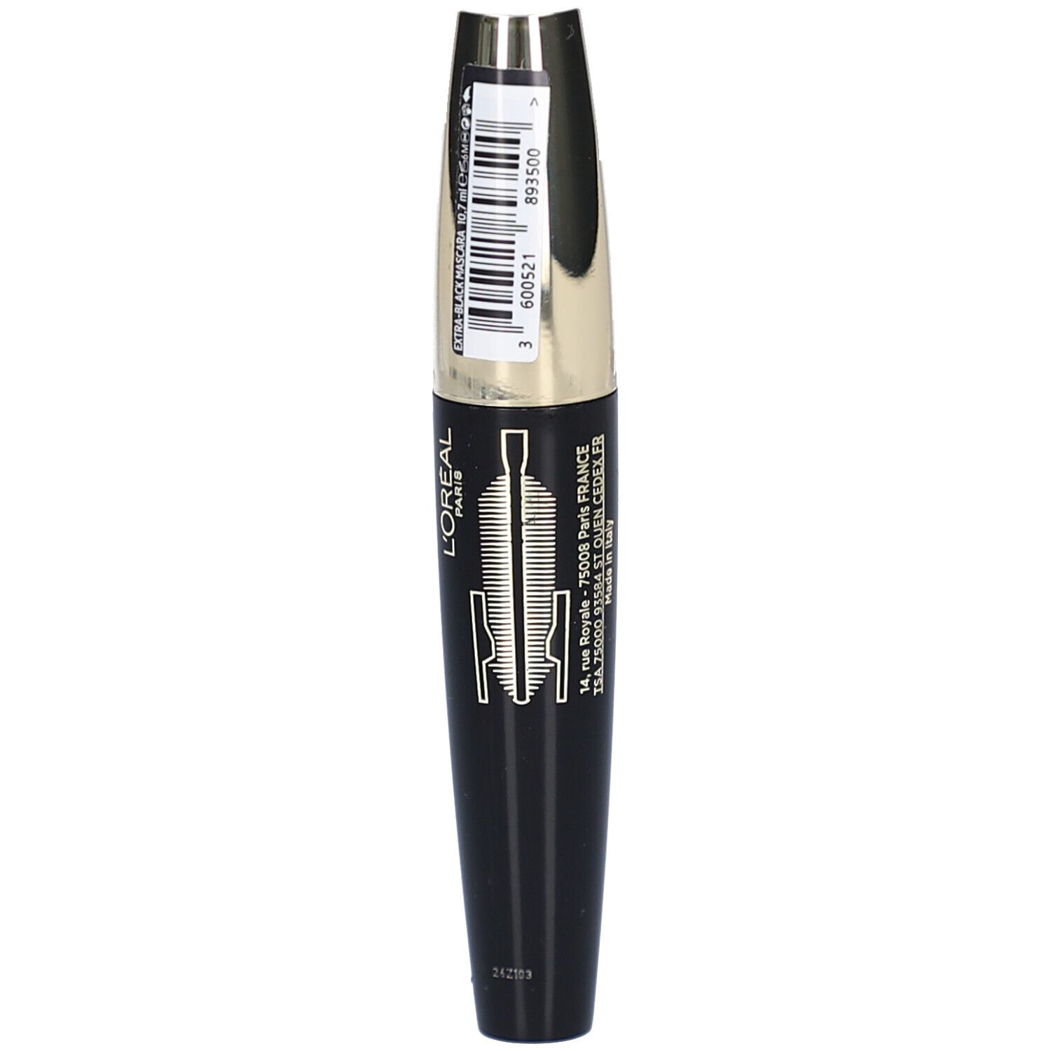 Tube de mascara noir avec capuchon argenté. Inscription : L'ORÉAL. Code-barres et texte.