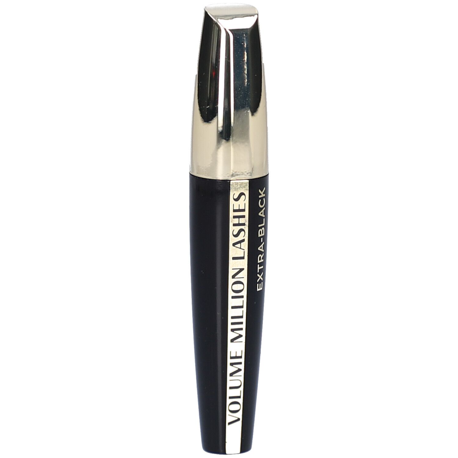 Tube de mascara noir avec capuchon argenté. Inscription : VOLUME MILLION LASHES EXTRA-BLACK.