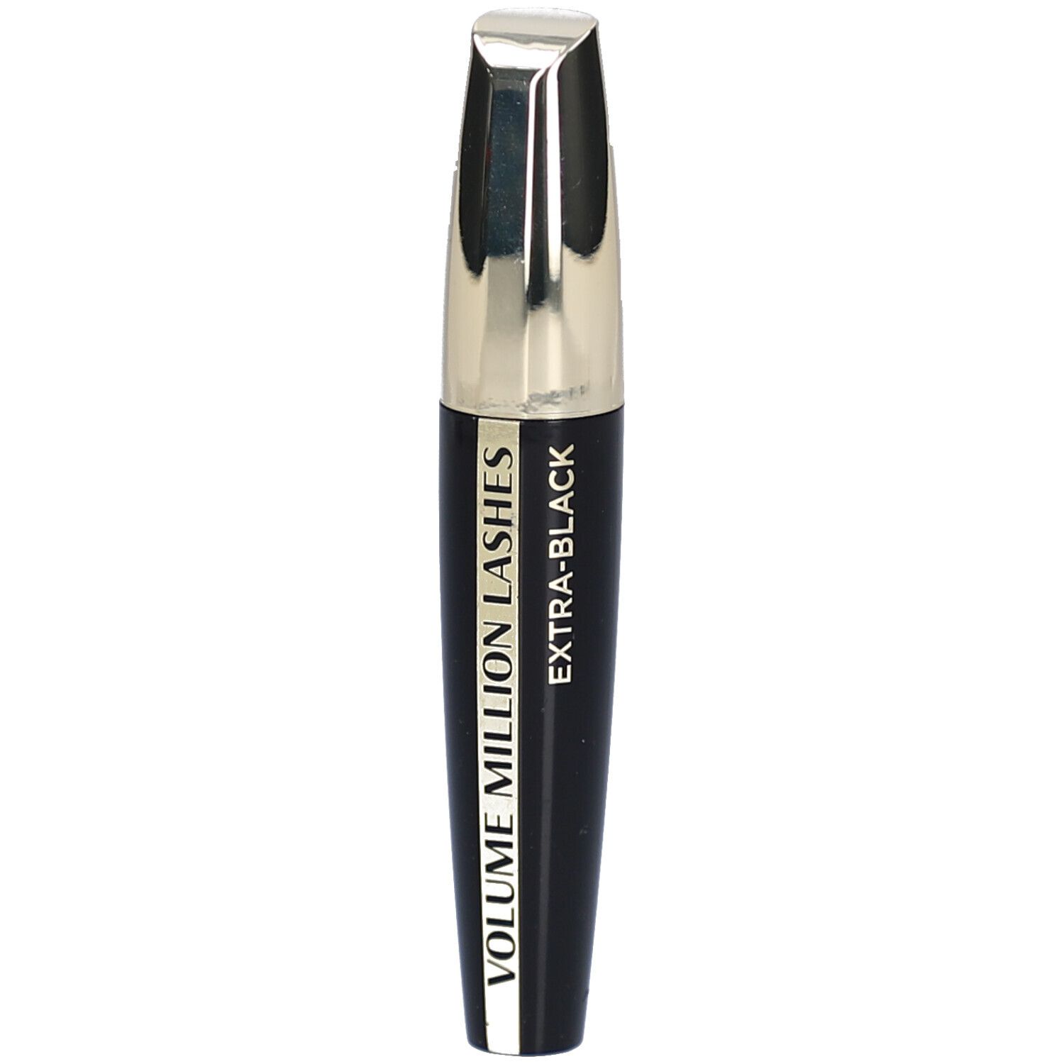 Tube de mascara noir avec capuchon argenté. Inscription : VOLUME MILLION LASHES EXTRA-BLACK.