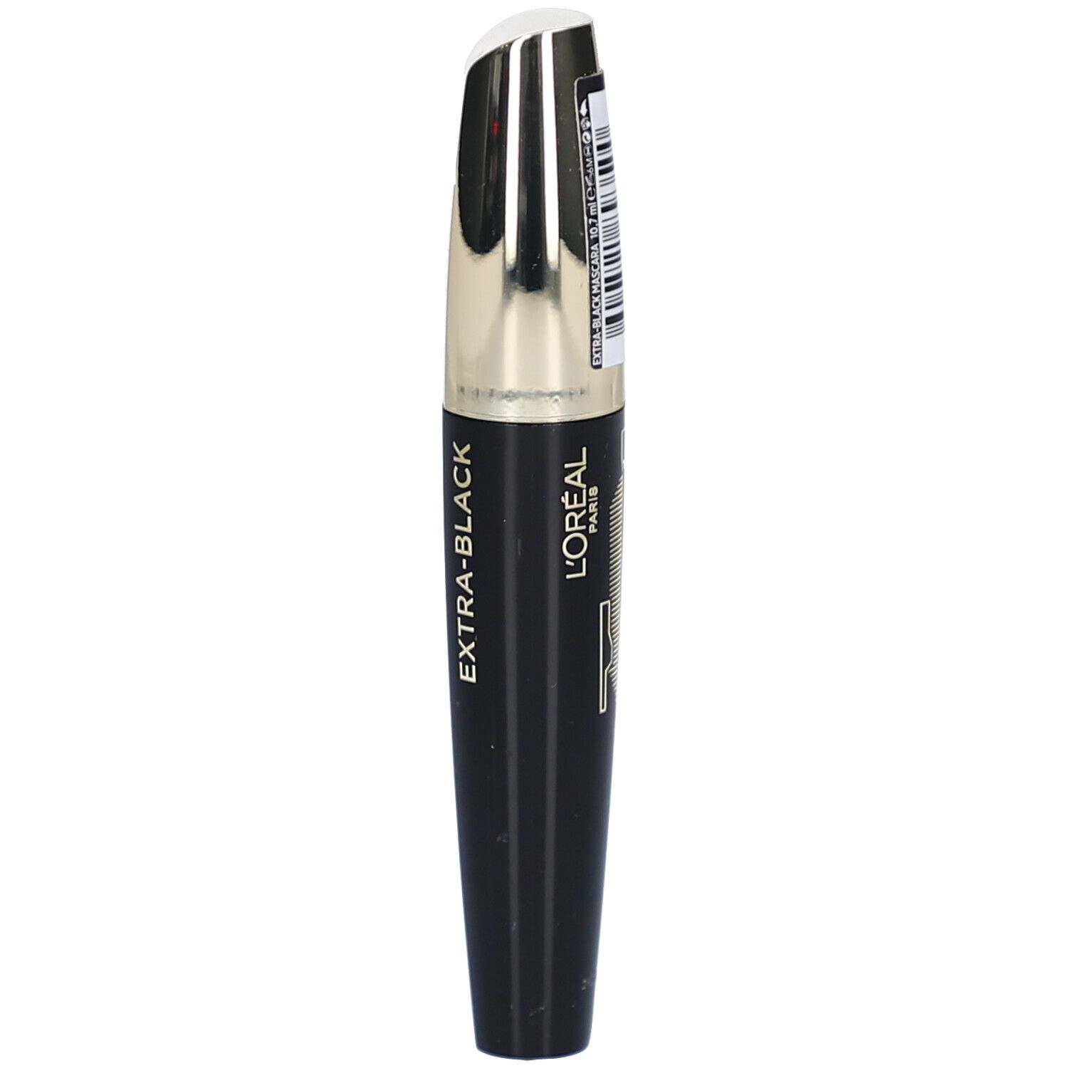 Tube de mascara noir avec capuchon argenté. Inscription : EXTRA-BLACK. Logo L'ORÉAL.