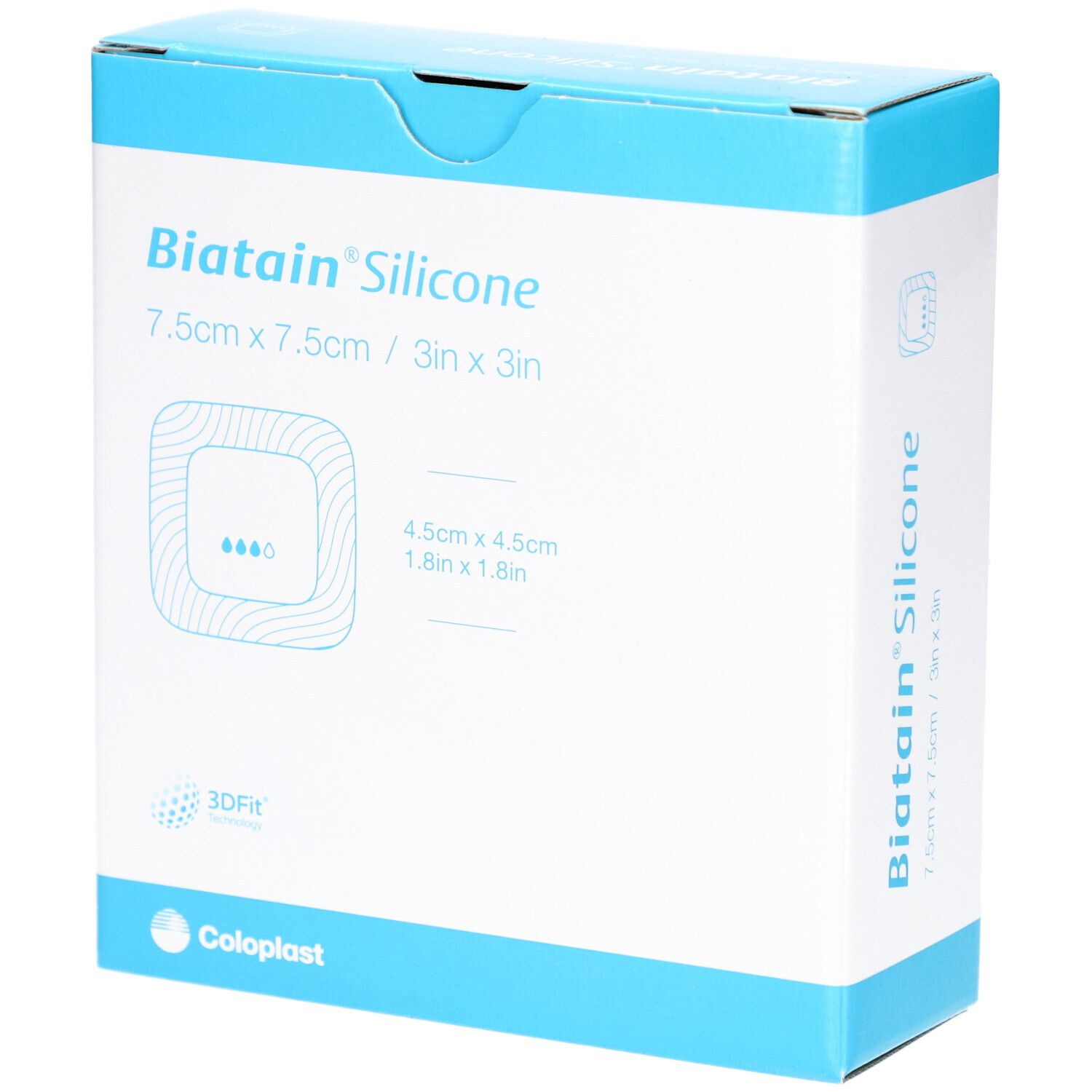 Verpackung von Biatain Silicone. Blaue und weiße Schachtel mit Produktinformationen und Logo. Größe: 7,5 x 7,5 cm.