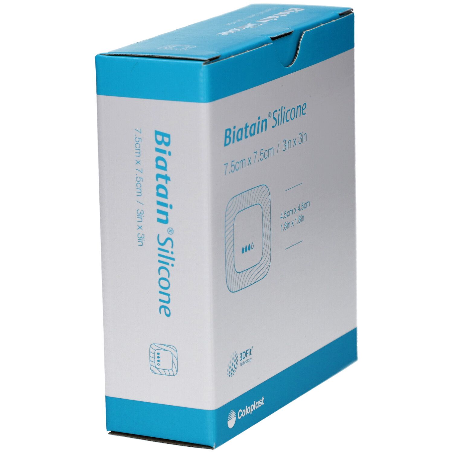 Biatain Silicone Verpackung, schräg. Blaue und weiße Schachtel mit Produktinformationen und Logo. Größe: 7,5 x 7,5 cm.