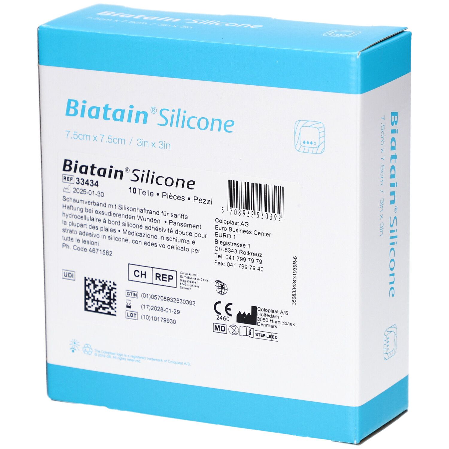 Biatain Silicone Verpackung. Blaue und weiße Schachtel mit Produktinformationen, Barcode und Logo. Größe: 7,5 x 7,5 cm.