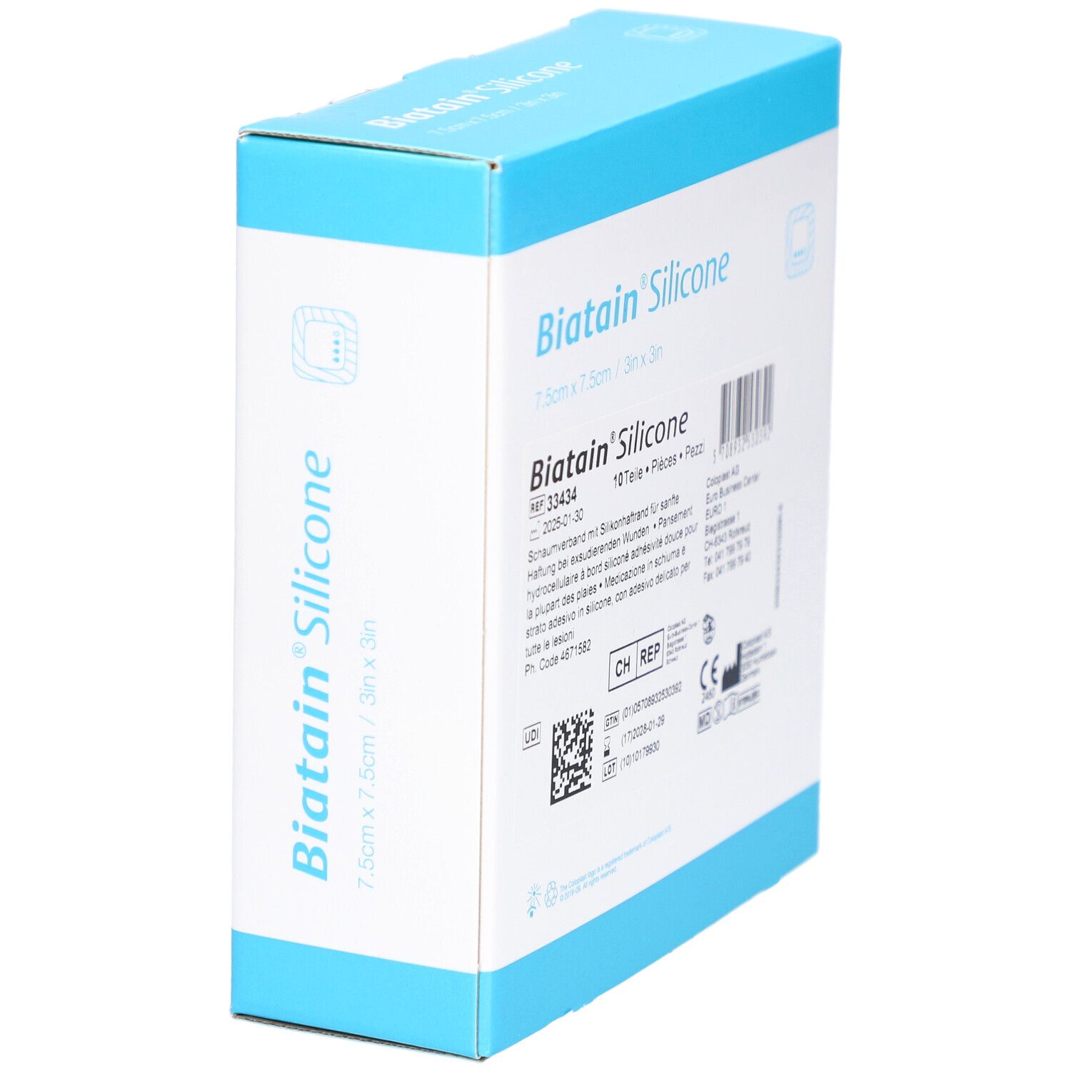 Biatain Silicone Verpackung, schräg. Blaue und weiße Schachtel mit Produktinformationen, Barcode und Logo. 7,5 x 7,5 cm.