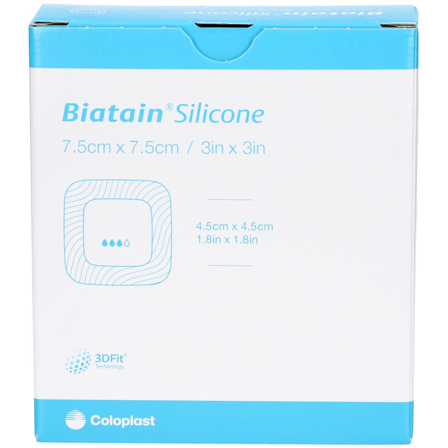 Biatain Silicone Verpackung. Blaue und weiße Schachtel mit Produktinformationen und Logo. Größe: 7,5 x 7,5 cm.