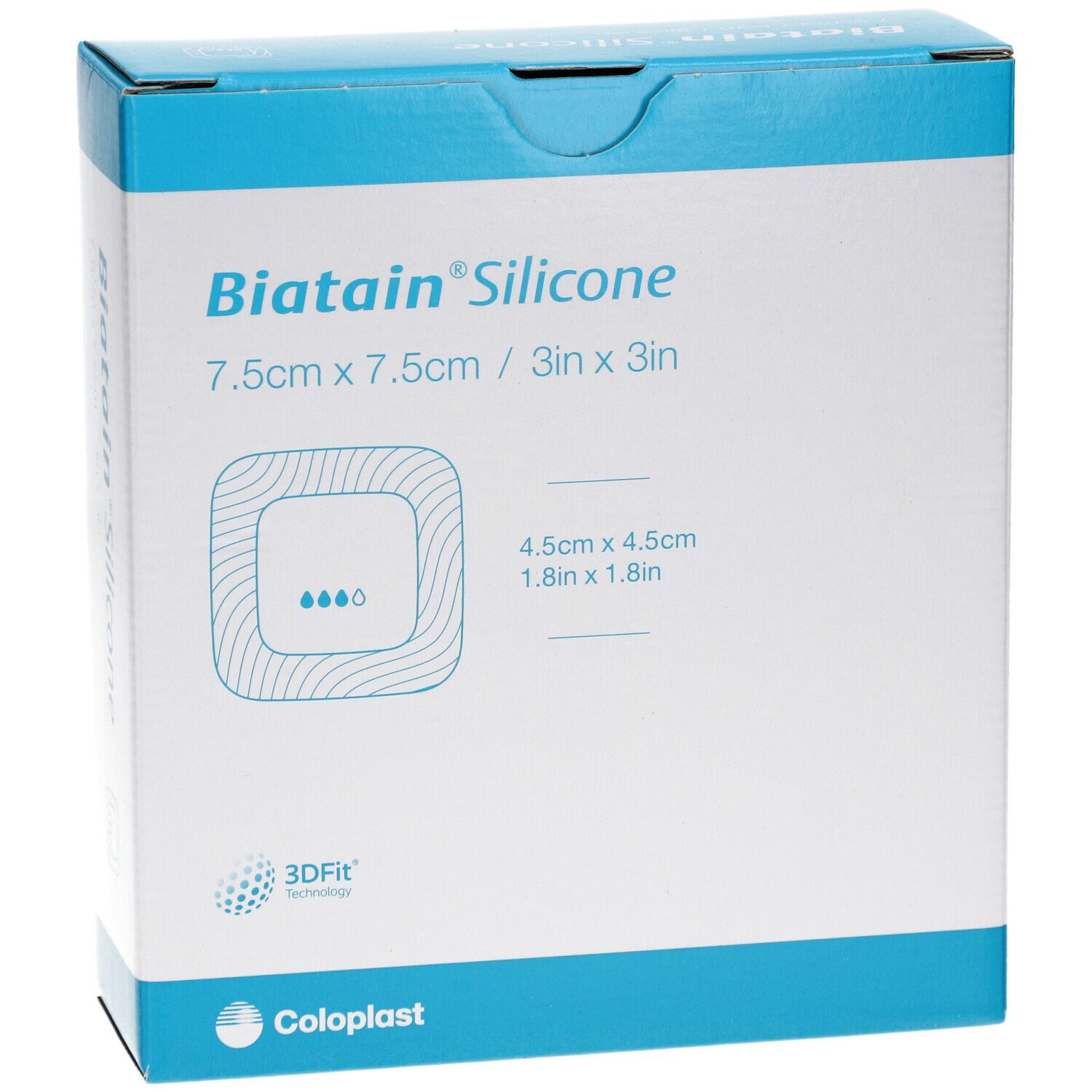 Biatain Silicone Verpackung. Blaue und weiße Schachtel mit Produktinformationen und Logo. Größe: 7,5 x 7,5 cm.