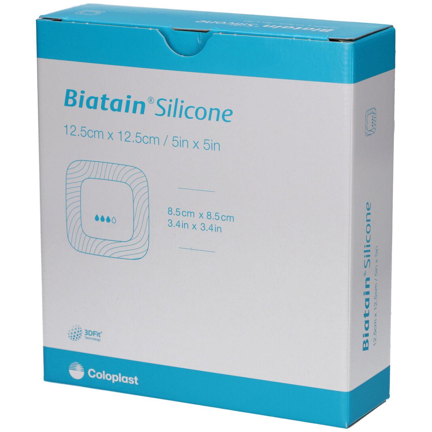 Verpackung von Biatain Silicone. Größe 12,5 x 12,5 cm. Quadratische Form mit blauem und weißem Design. Coloplast Logo.