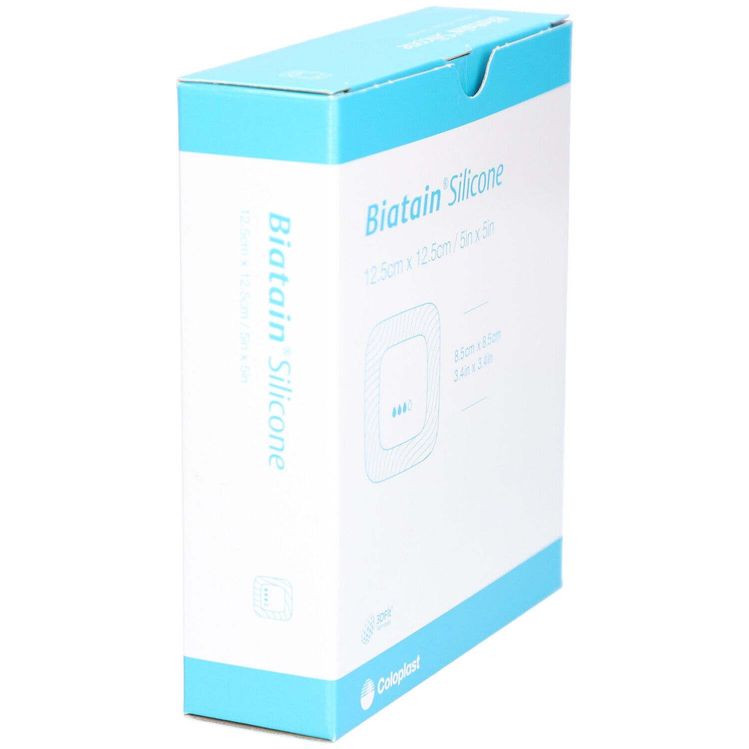 Biatain Silicone Verpackung, 12,5 x 12,5 cm. Eckige Form, blau-weißes Design. Coloplast Logo. Seitenansicht.