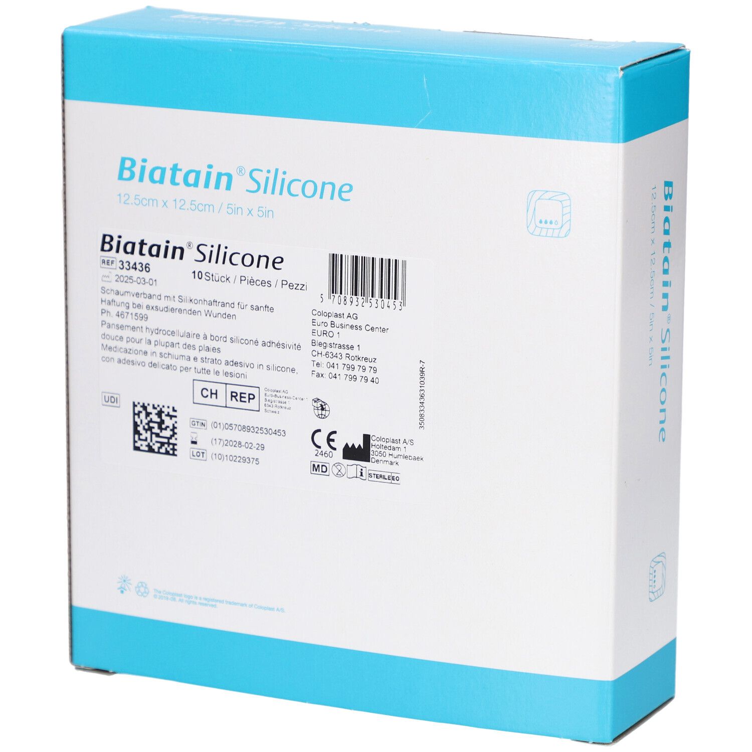 Biatain Silicone Verpackung, 12,5 x 12,5 cm. Enthält 10 Stück. Barcode und Produktinformationen. CE-Kennzeichnung.