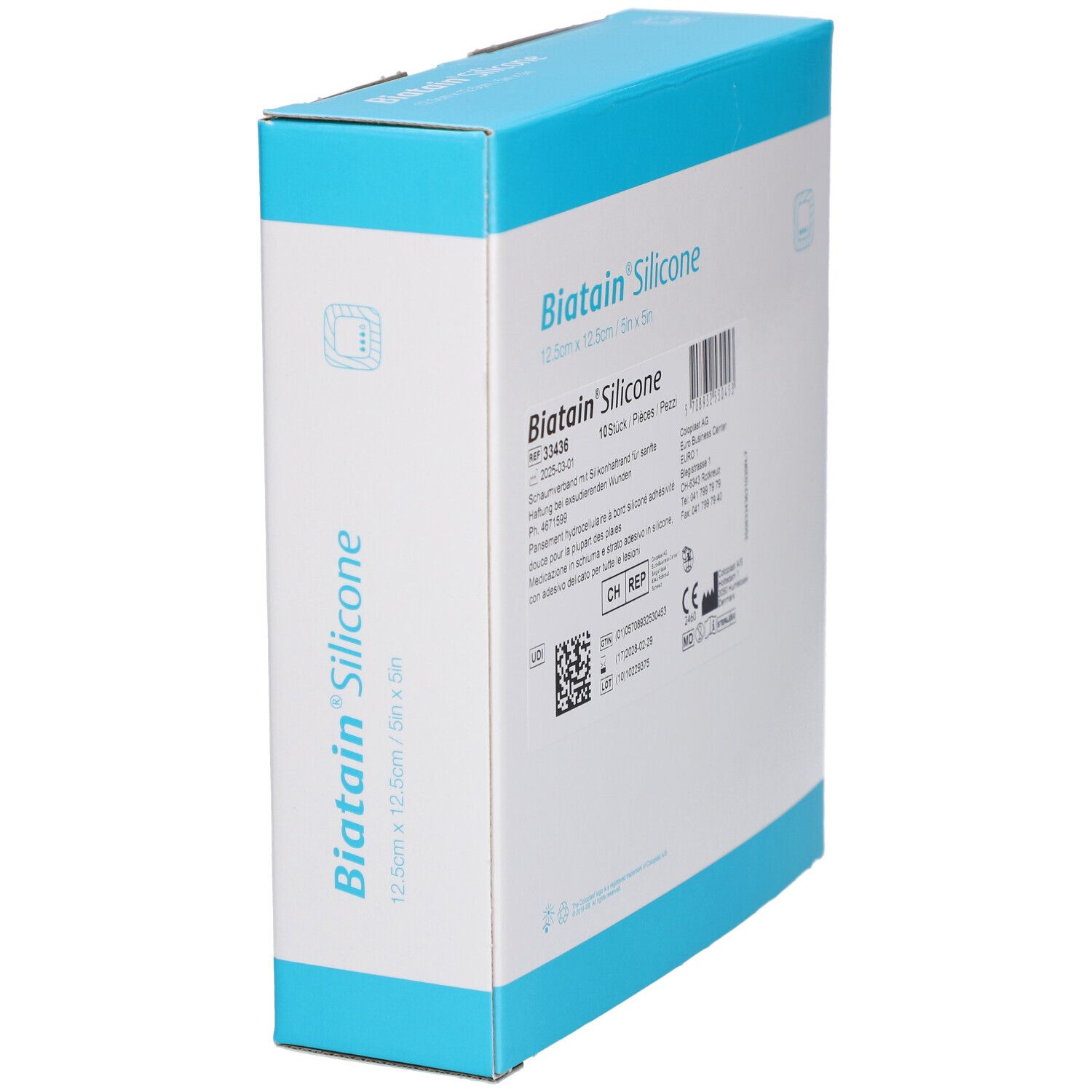 Biatain Silicone Verpackung, 12,5 x 12,5 cm. Eckige Form, blau-weißes Design. Produktinformationen. CE-Kennzeichnung.