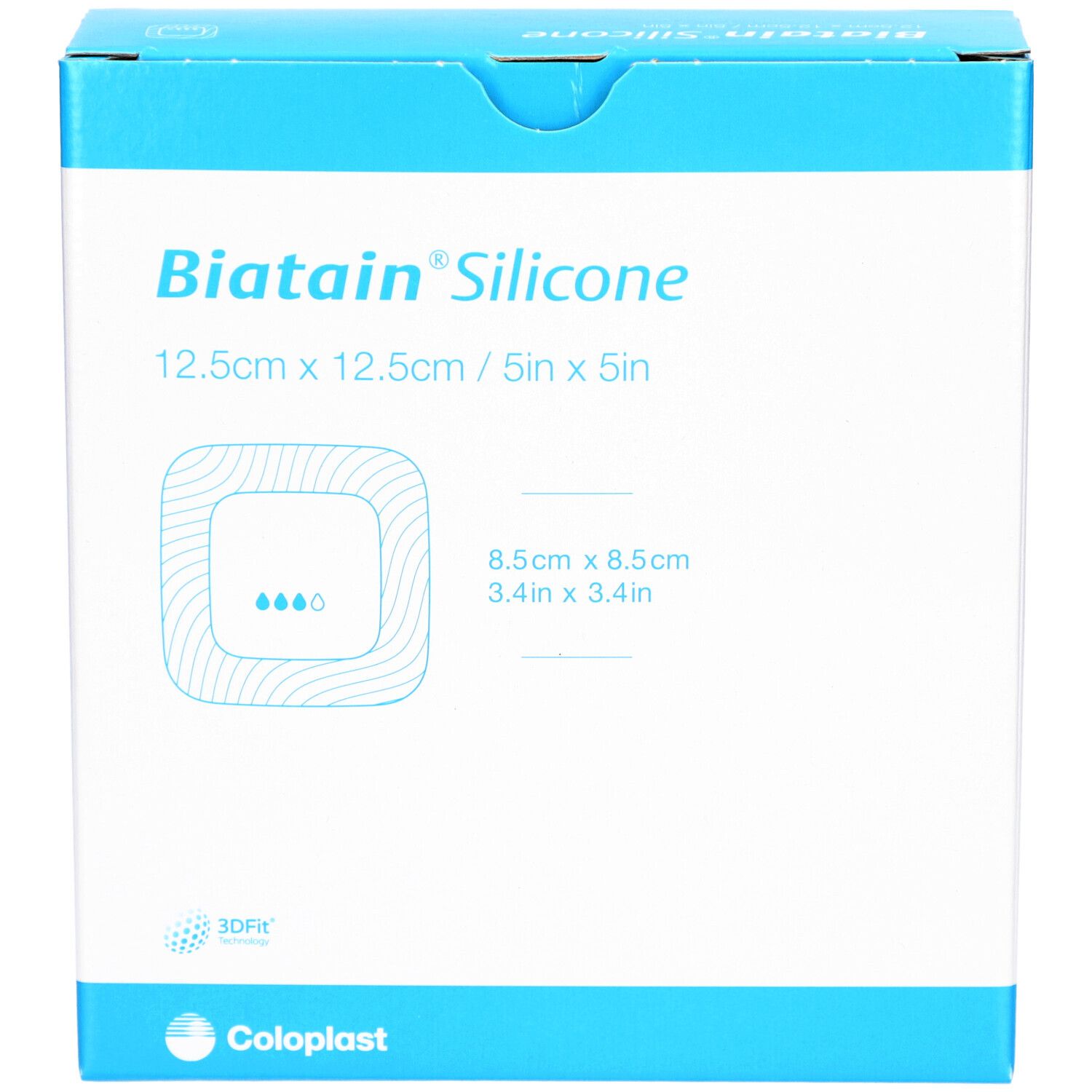 Biatain Silicone Verpackung, 12,5 x 12,5 cm. Quadratische Form, blau-weißes Design. Coloplast Logo. Produktabbildung.