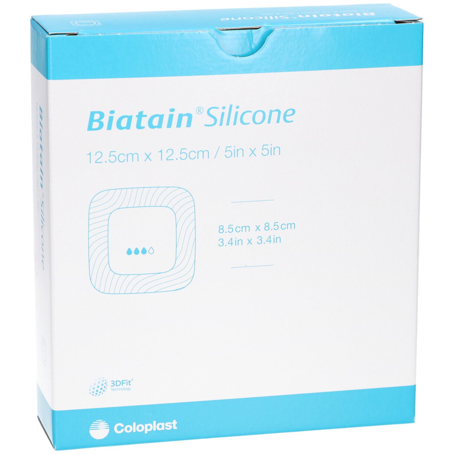 Biatain Silicone Verpackung, 12,5 x 12,5 cm. Quadratische Form, blau-weißes Design. Coloplast Logo. Nahaufnahme.