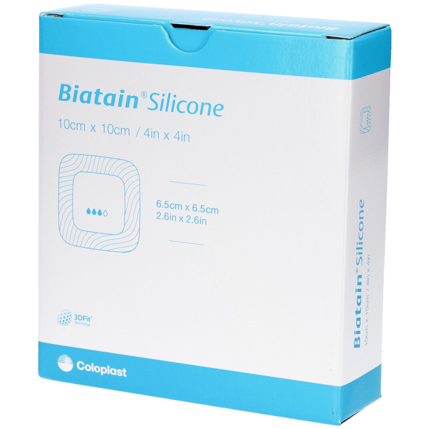 Verpackung von Biatain Silicone, 10x10cm. Blaue und weiße Schachtel mit Produktlogo und Größenangaben.