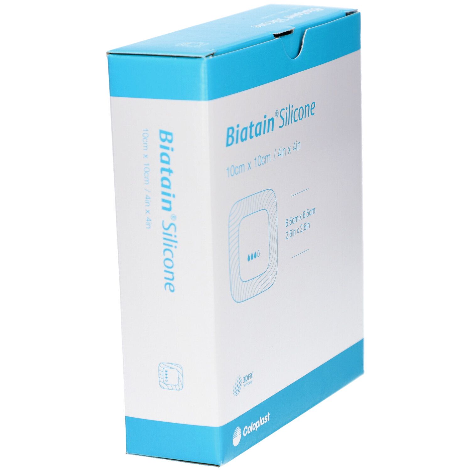 Biatain Silicone Verpackung, schräg. Blaue und weiße Schachtel mit Produktlogo und Größenangaben.