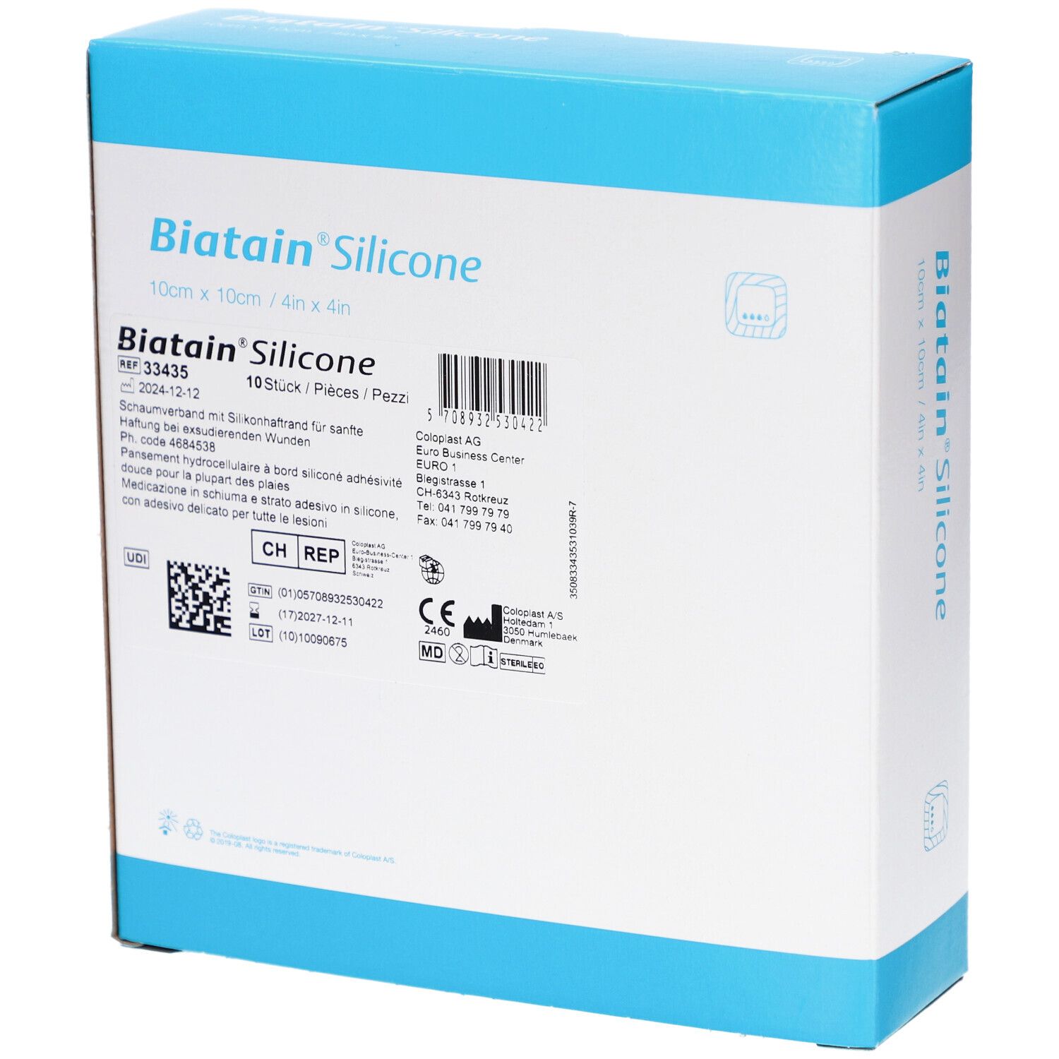 Biatain Silicone Verpackung, Rückseite. Blaue und weiße Schachtel mit Produktinformationen und Barcode.