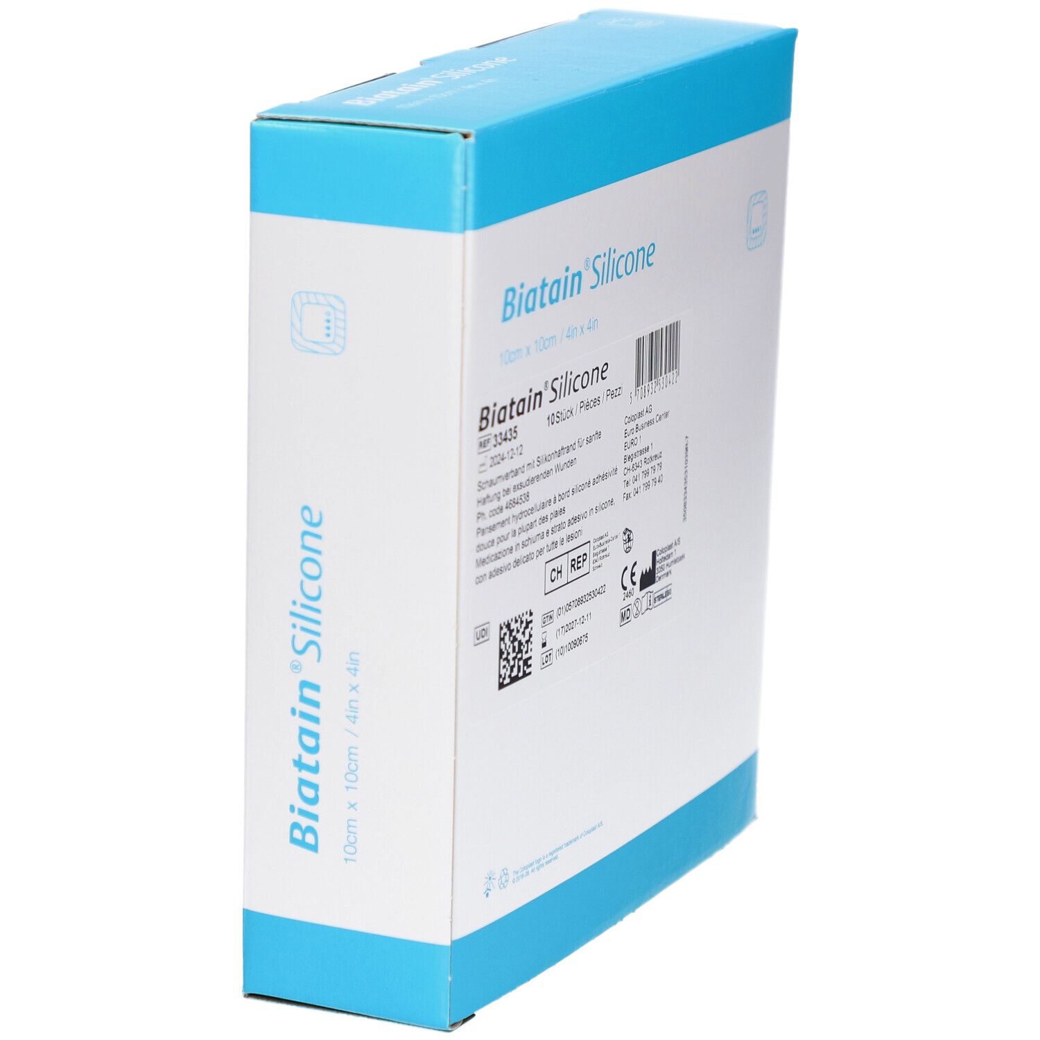 Biatain Silicone Verpackung, schräg. Blaue und weiße Schachtel mit Produktinformationen und Barcode.