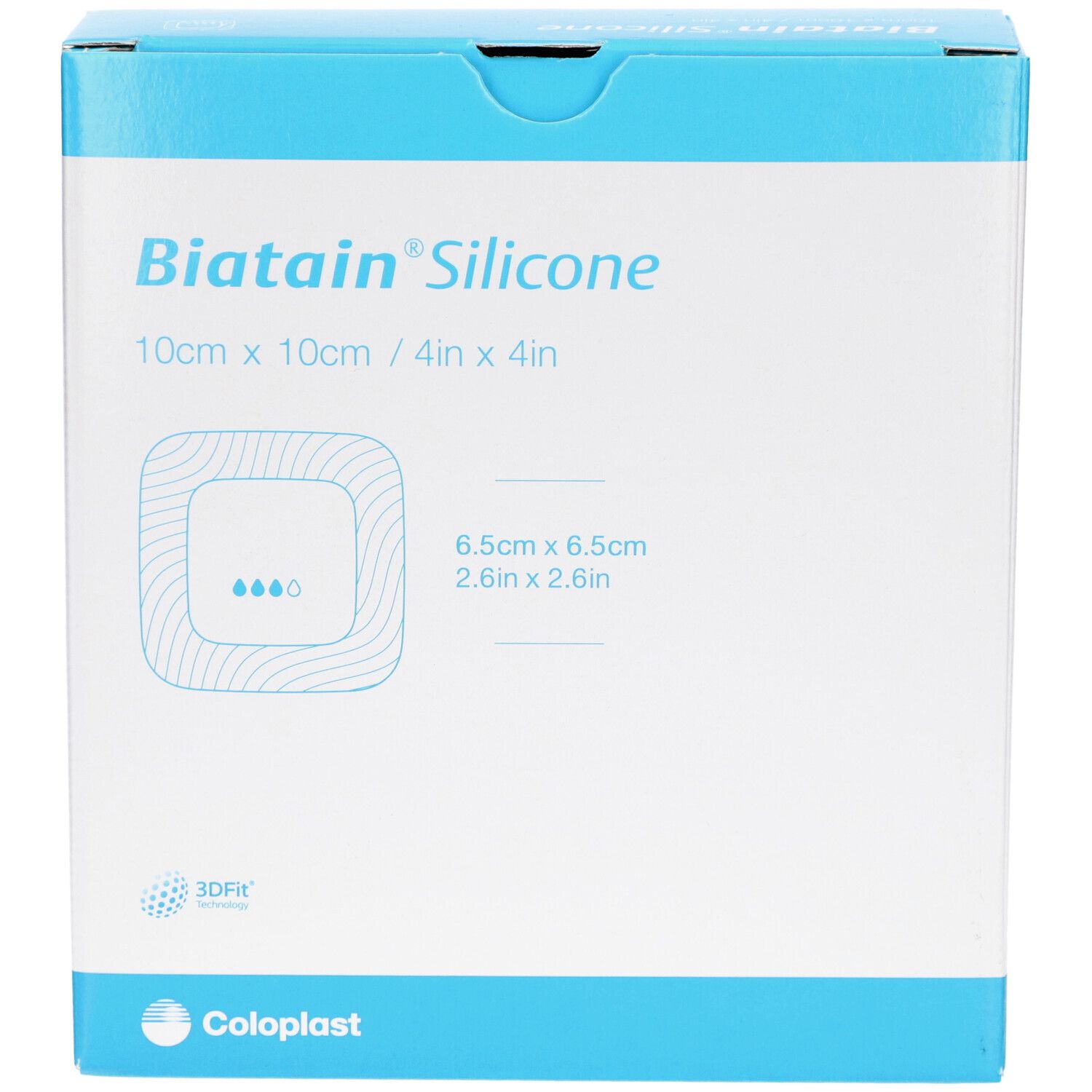 Biatain Silicone Verpackung, Frontansicht. Blaue und weiße Schachtel mit Produktlogo und Größenangaben.