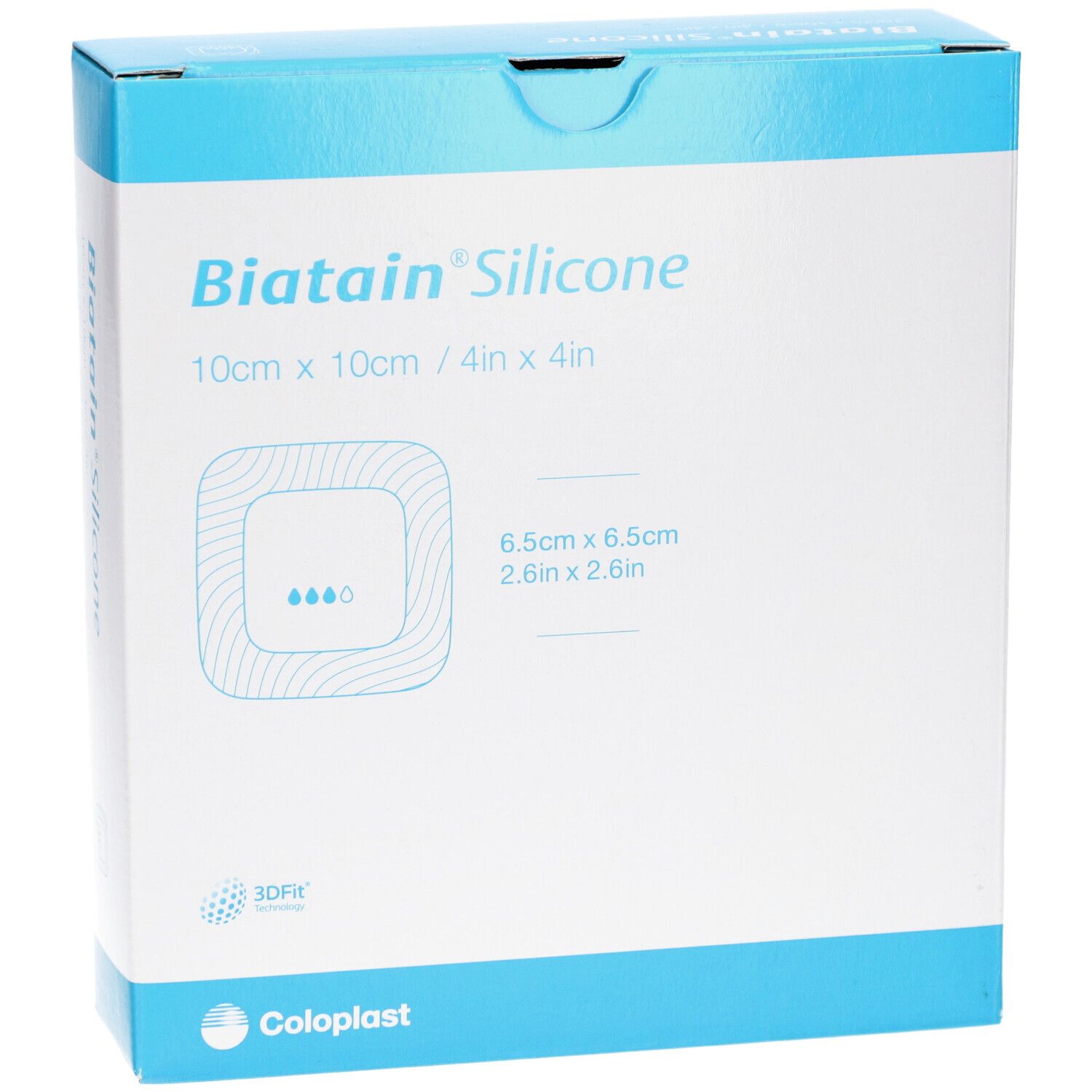 Biatain Silicone Verpackung. Blaue und weiße Schachtel mit Produktlogo und Größenangaben.