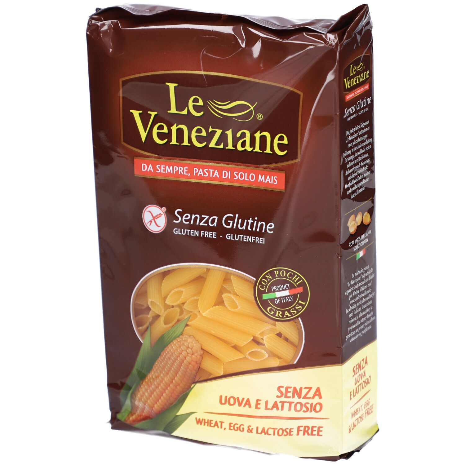 Braune Verpackung mit Penne-Nudeln. Aufschrift: Le Veneziane, Senza Glutine, ohne Gluten, ohne Ei, ohne Laktose.