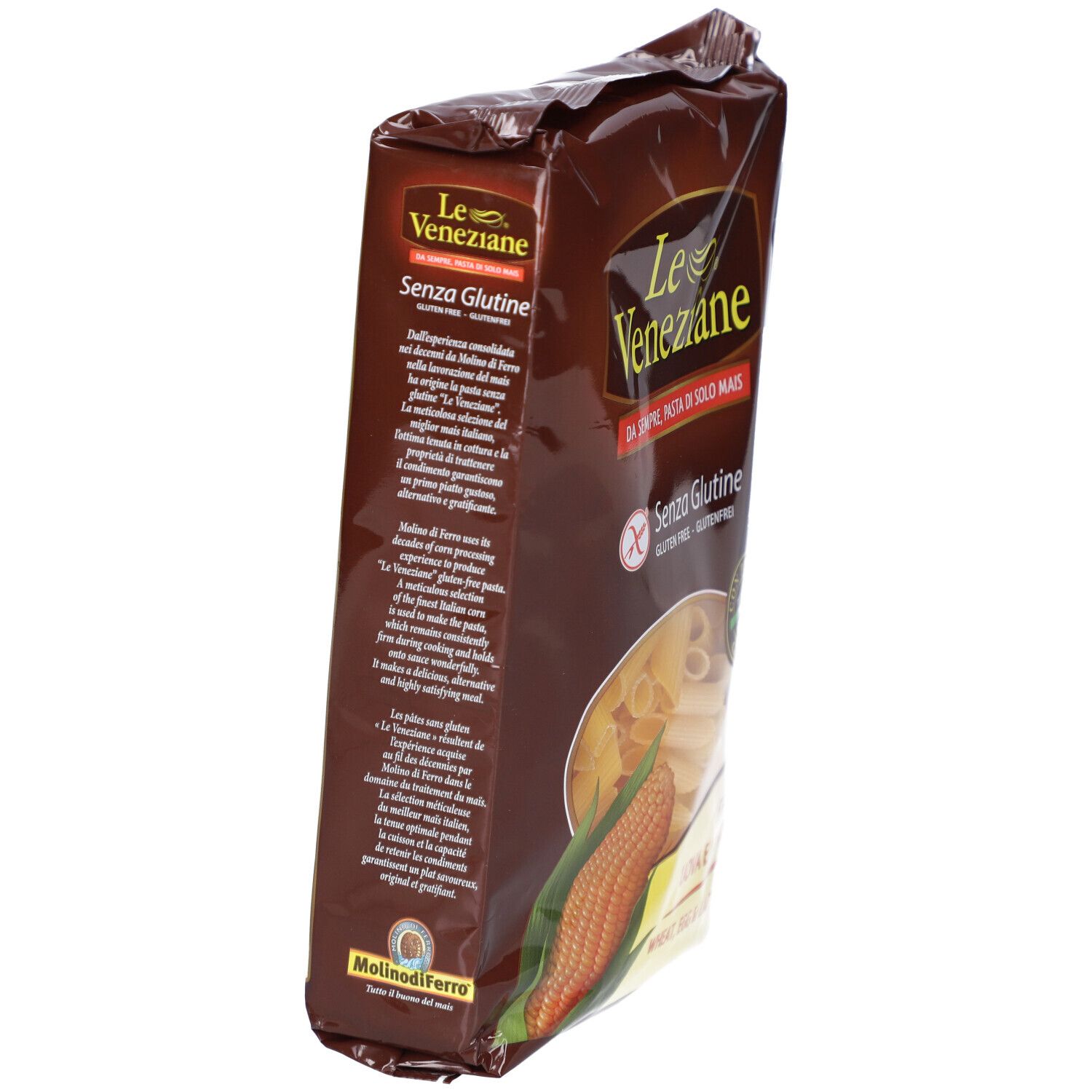 Braune Verpackung mit Text. Aufschrift: Le Veneziane, Senza Glutine. Maiskolben-Illustration.