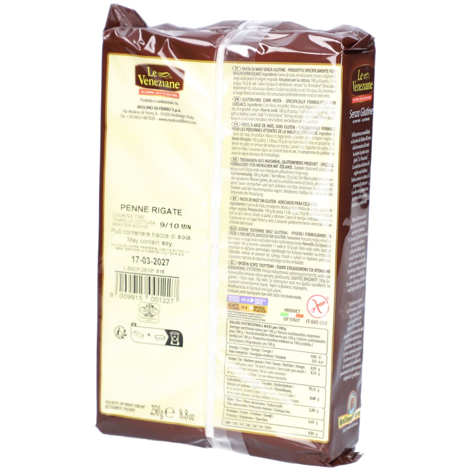 Rückseite der braunen Verpackung. Text und Nährwertangaben. Aufschrift: Penne Rigate, Senza Glutine.