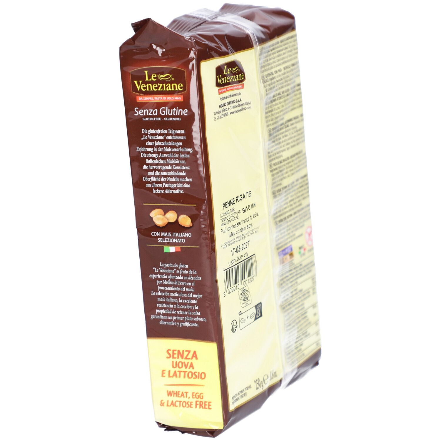 Braune Verpackung, schräg. Text und Illustrationen. Aufschrift: Le Veneziane, Senza Glutine, ohne Gluten.
