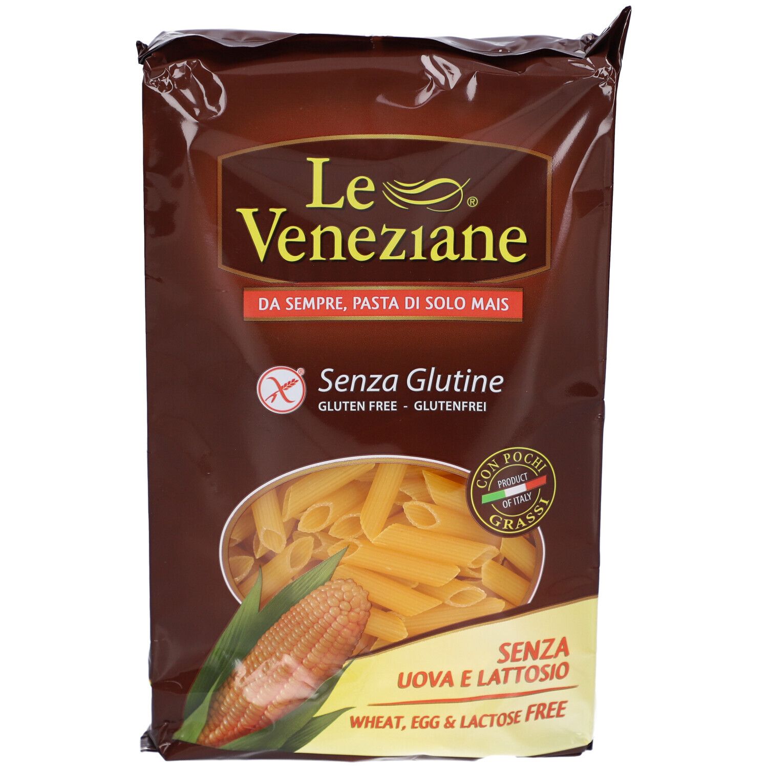 Braune Verpackung mit Penne-Nudeln. Aufschrift: Le Veneziane, Senza Glutine, ohne Gluten, ohne Ei, ohne Laktose.