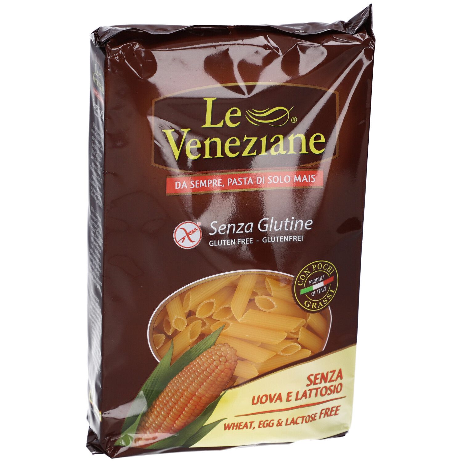 Braune Verpackung mit Penne-Nudeln. Aufschrift: Le Veneziane, Senza Glutine, ohne Gluten, ohne Ei, ohne Laktose.
