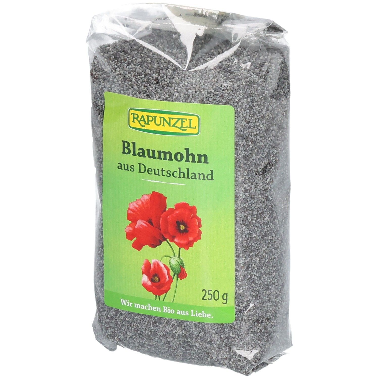 Emballage transparent de graines de pavot bleu. Étiquette verte avec "RAPUNZEL", "Blaumohn aus Deutschland", fleurs et 250g.