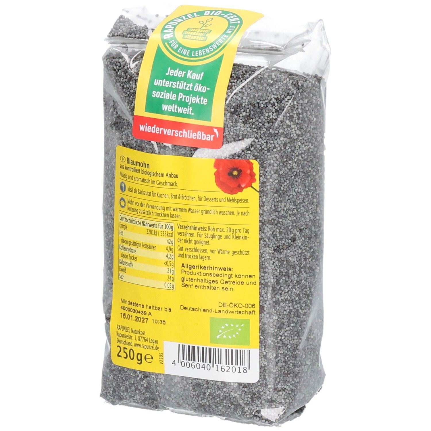 Dos de l'emballage de graines de pavot bleu. Étiquette jaune avec texte, informations nutritionnelles, label bio et code-barres.