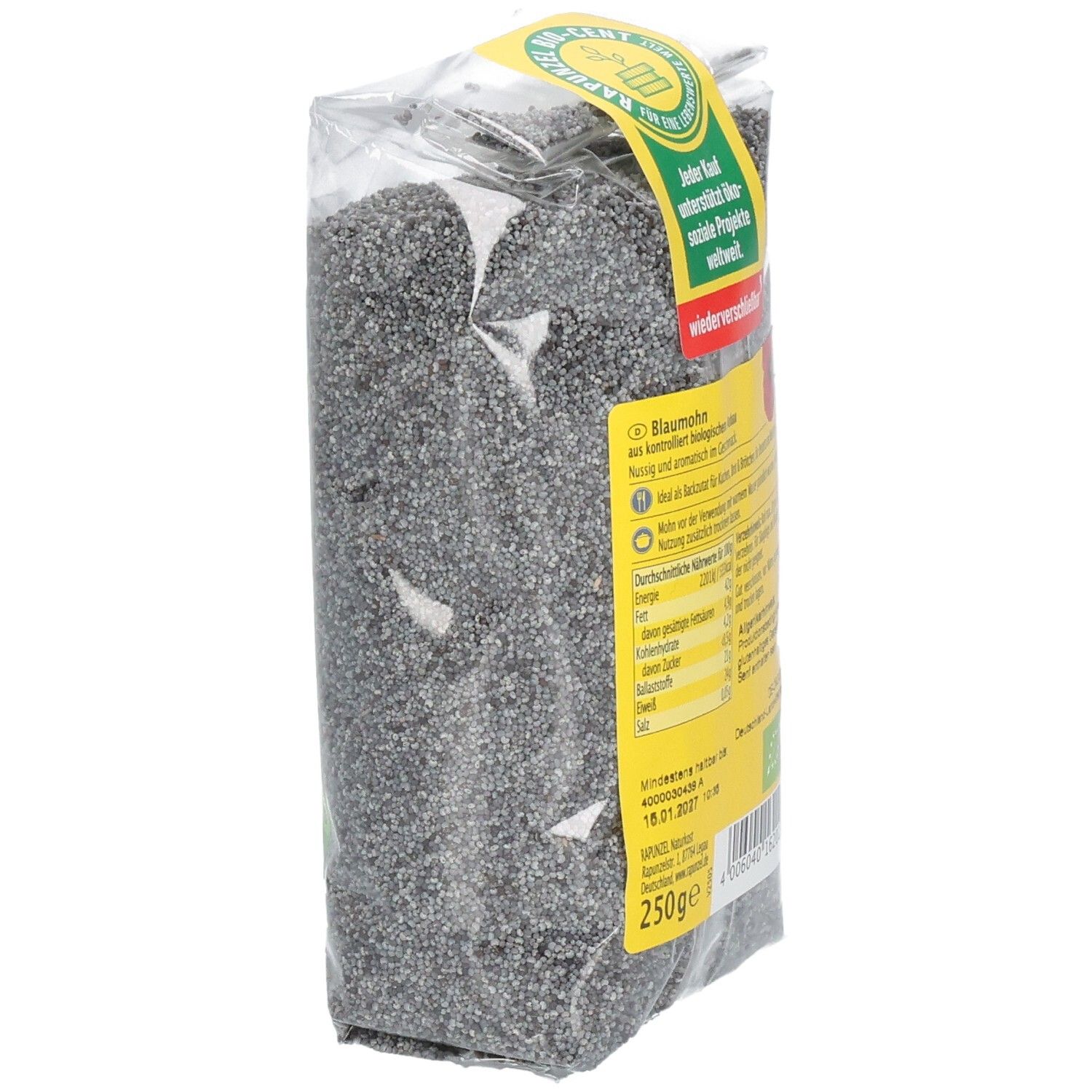 Emballage de graines de pavot bleu en biais. Étiquette jaune avec texte, informations nutritionnelles, label bio et code-barres.