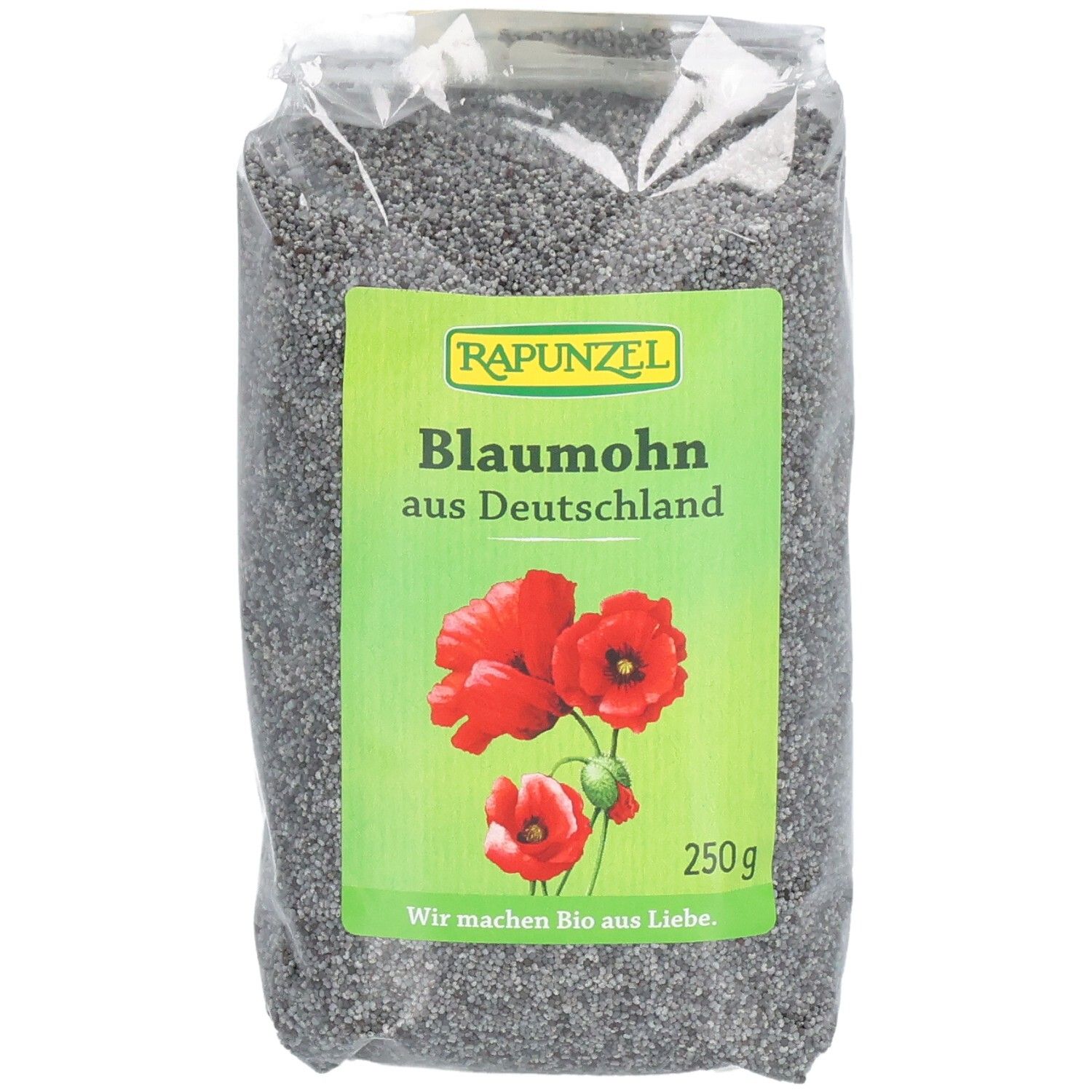 Emballage transparent de graines de pavot bleu. Étiquette verte avec "RAPUNZEL", "Blaumohn aus Deutschland", fleurs et 250g.