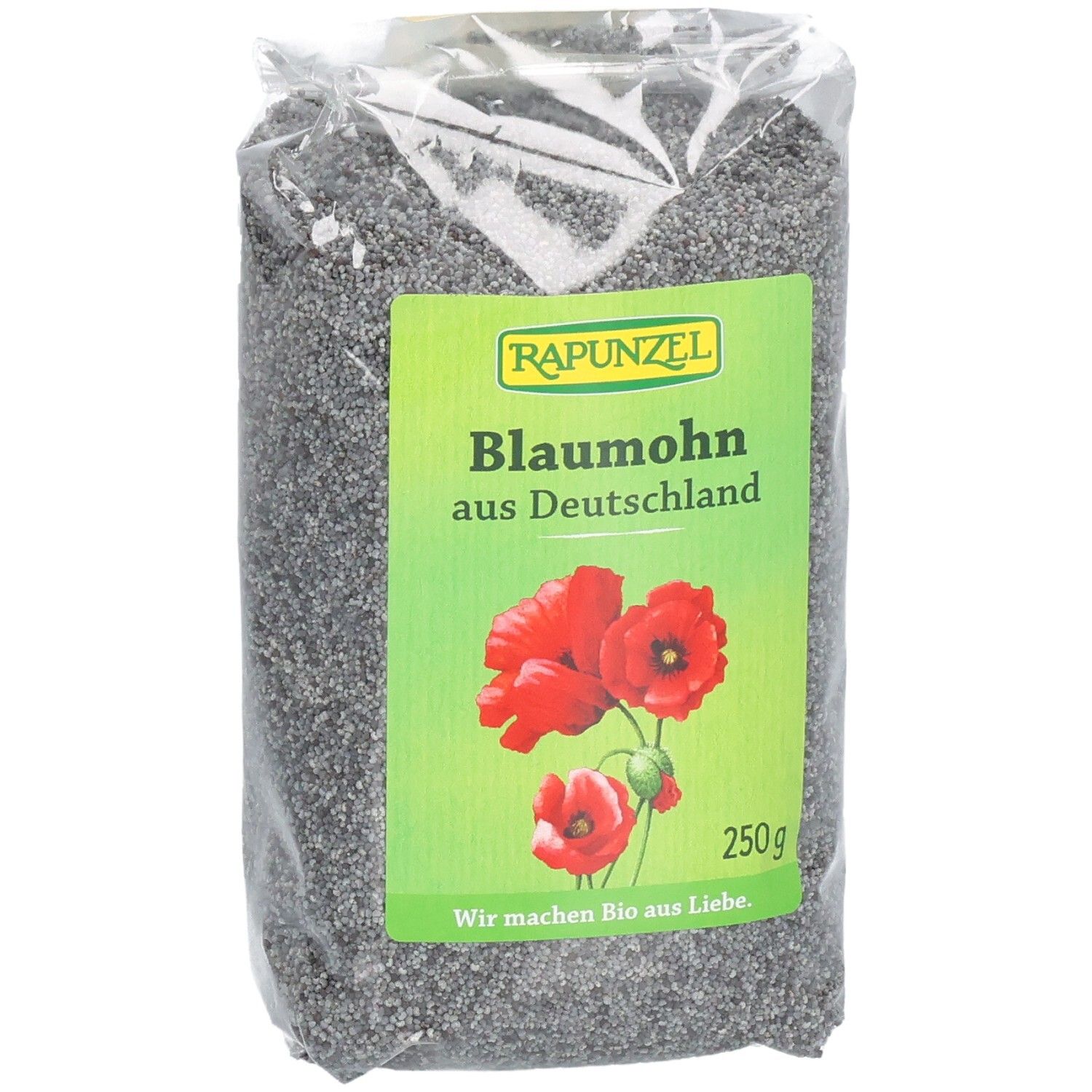 Emballage transparent de graines de pavot bleu. Étiquette verte avec "RAPUNZEL", "Blaumohn aus Deutschland", fleurs et 250g.